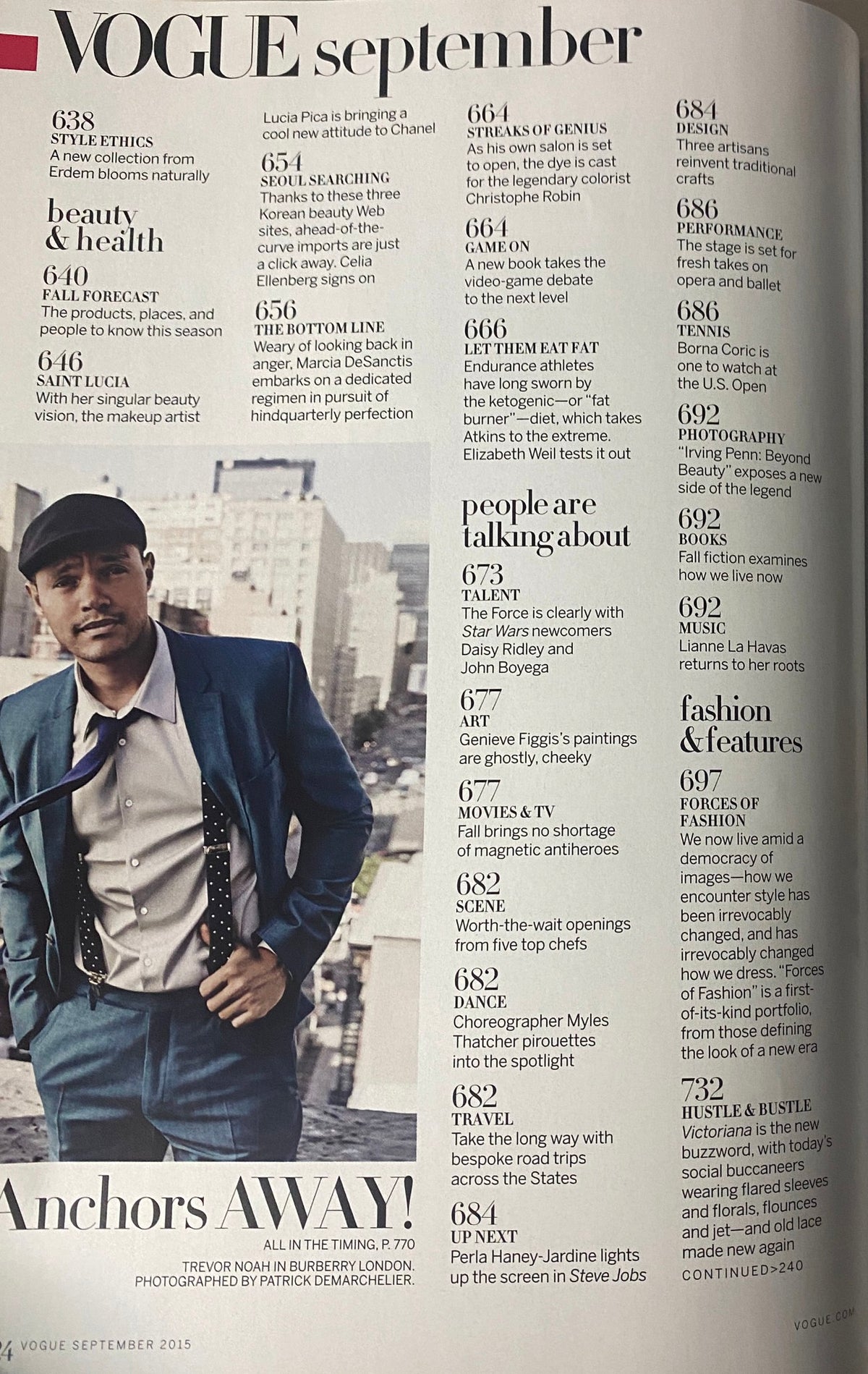 Vogue Magazine September 2015 includes an article 'Making Her Case' featuring Trevor Noah in a stylish suit, discussing his transition to leading 'The Daily Show'.