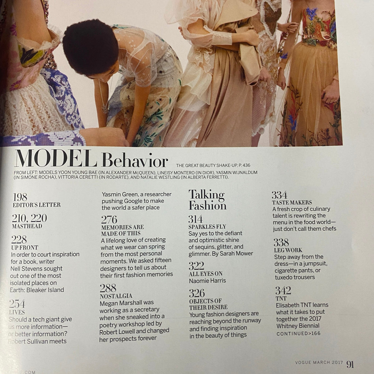 Vogue Magazine March 2017 features a page on Model Behavior with a focus on the new wave of models redefining beauty standards, highlighting Yasmin Green and various fashion styles, celebrating inclusivity and diversity.
