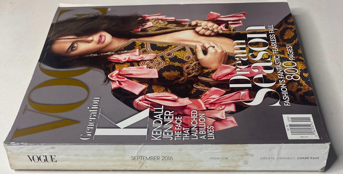 Side view of Vogue Magazine September 2016 featuring Kendall Jenner on the cover, showcasing the magazine's vibrant design and promotional tagline.