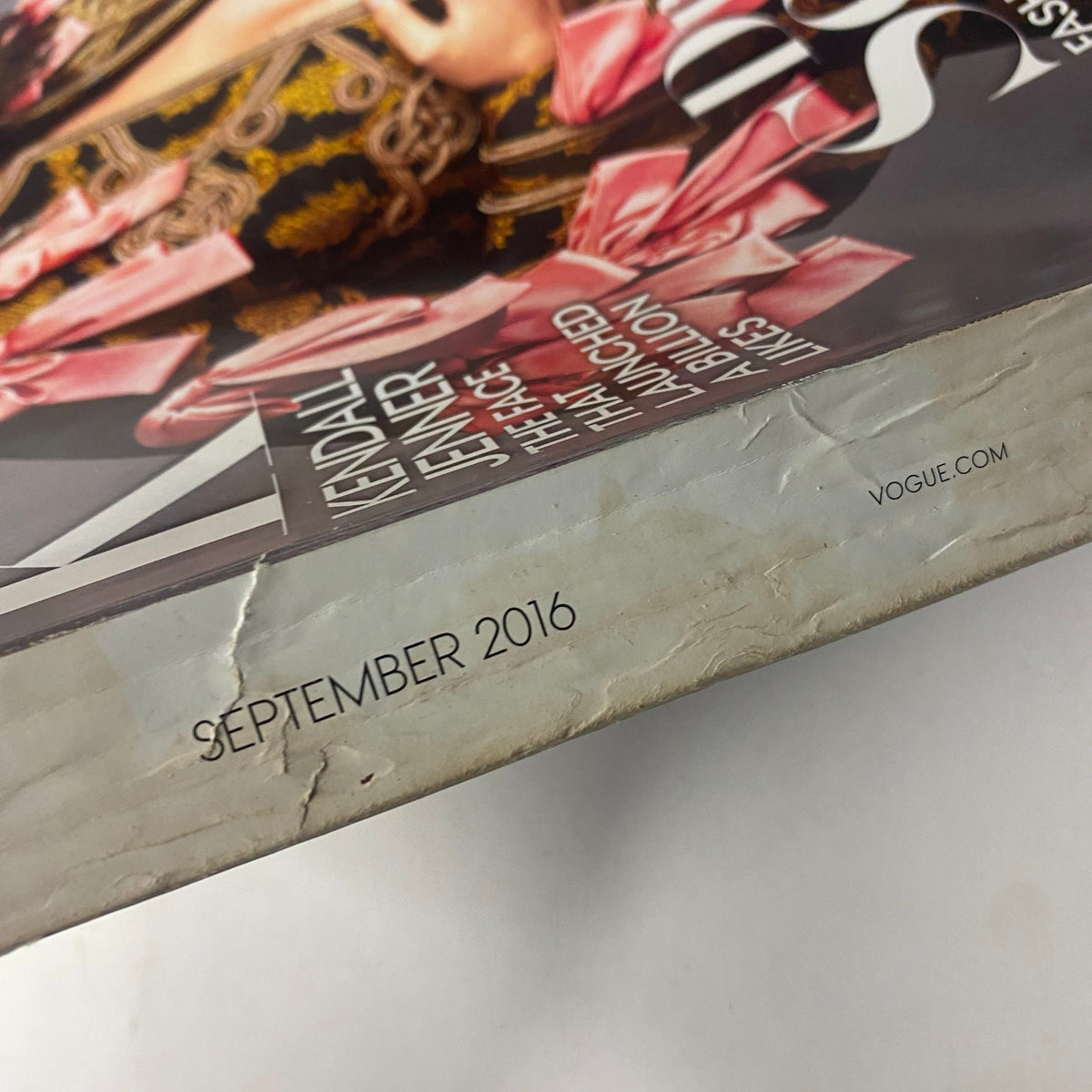 Close-up of the spine of Vogue Magazine September 2016, displaying the publication date and Kendall Jenner's name, emphasizing its collectible nature.