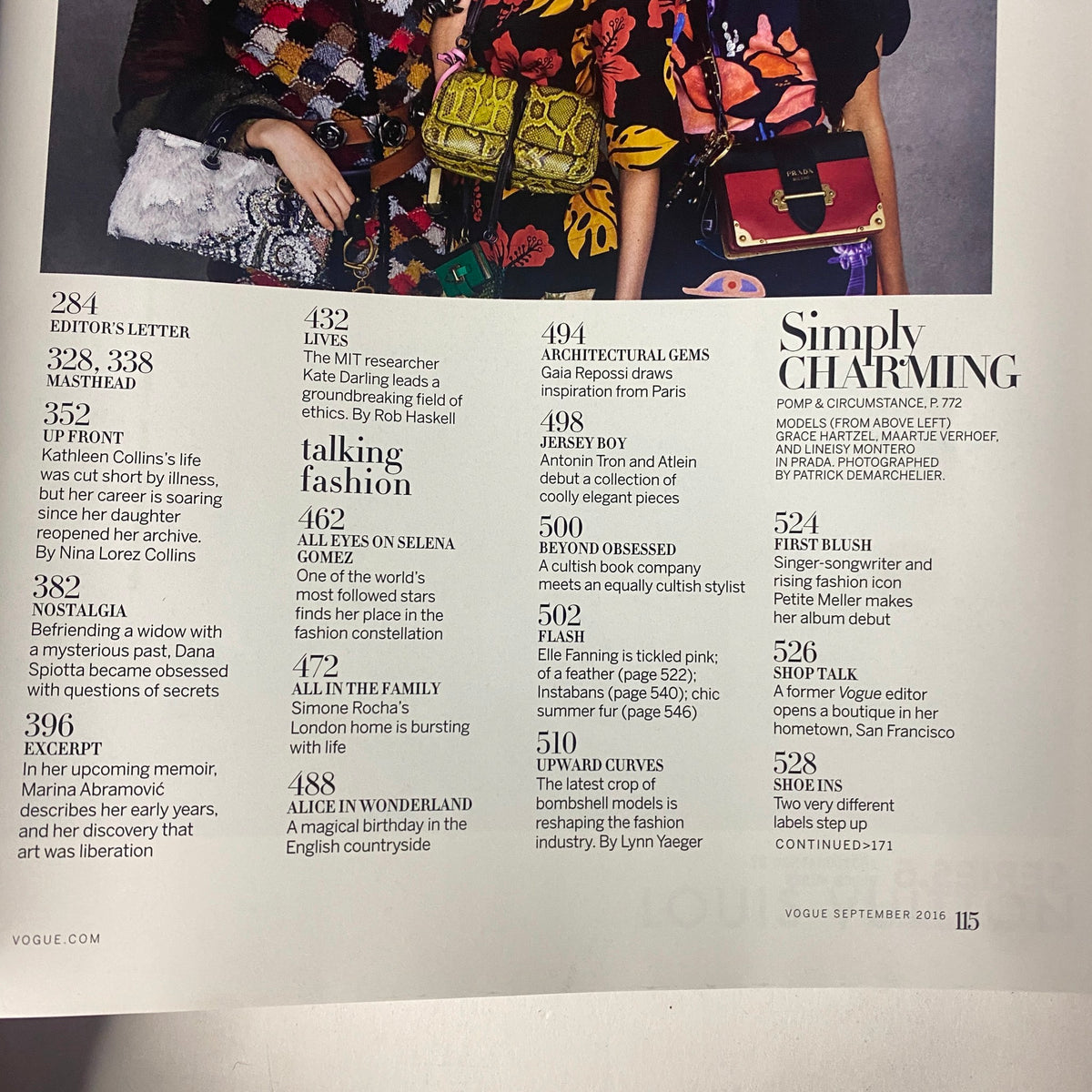 Interior page of Vogue Magazine September 2016 highlighting various featured articles and fashion content, demonstrating the magazine's extensive coverage.