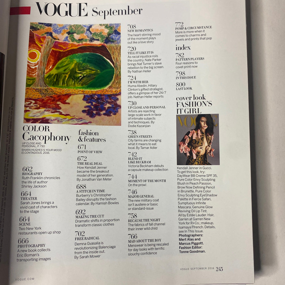 Vogue Magazine September 2016 contents page showcasing features and insights on fashion, including a special highlight on Kendall Jenner.