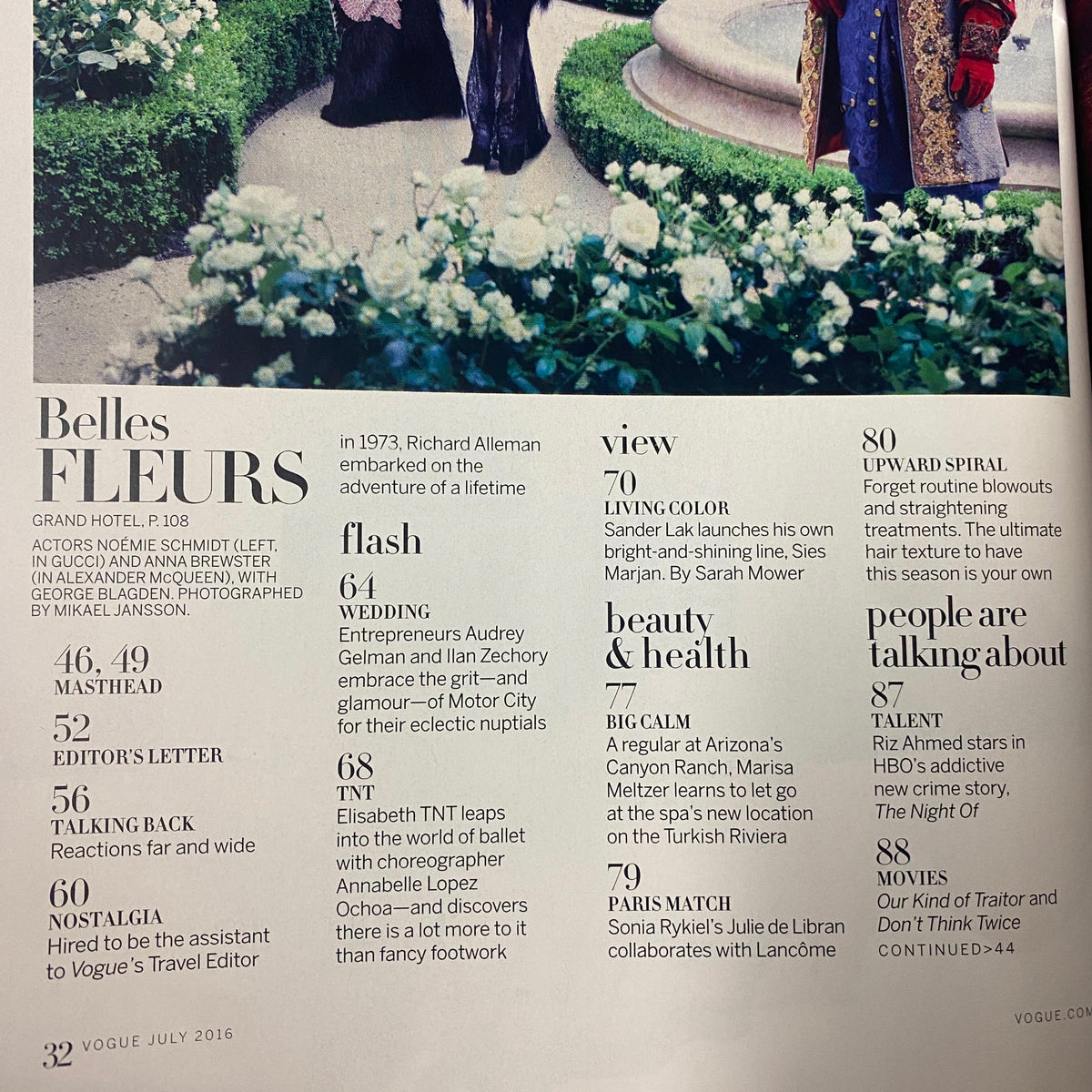 Contents page of Vogue Magazine July 2016, listing features including 'Belles Fleurs' and 'Wedding' with coverage of the Ritz hotel.