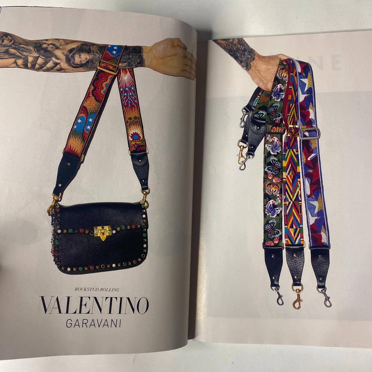 Photograph of Valentino Garavani handbag straps from Vogue Magazine July 2016, showcasing the designer's intricate embroidery and bold patterns.