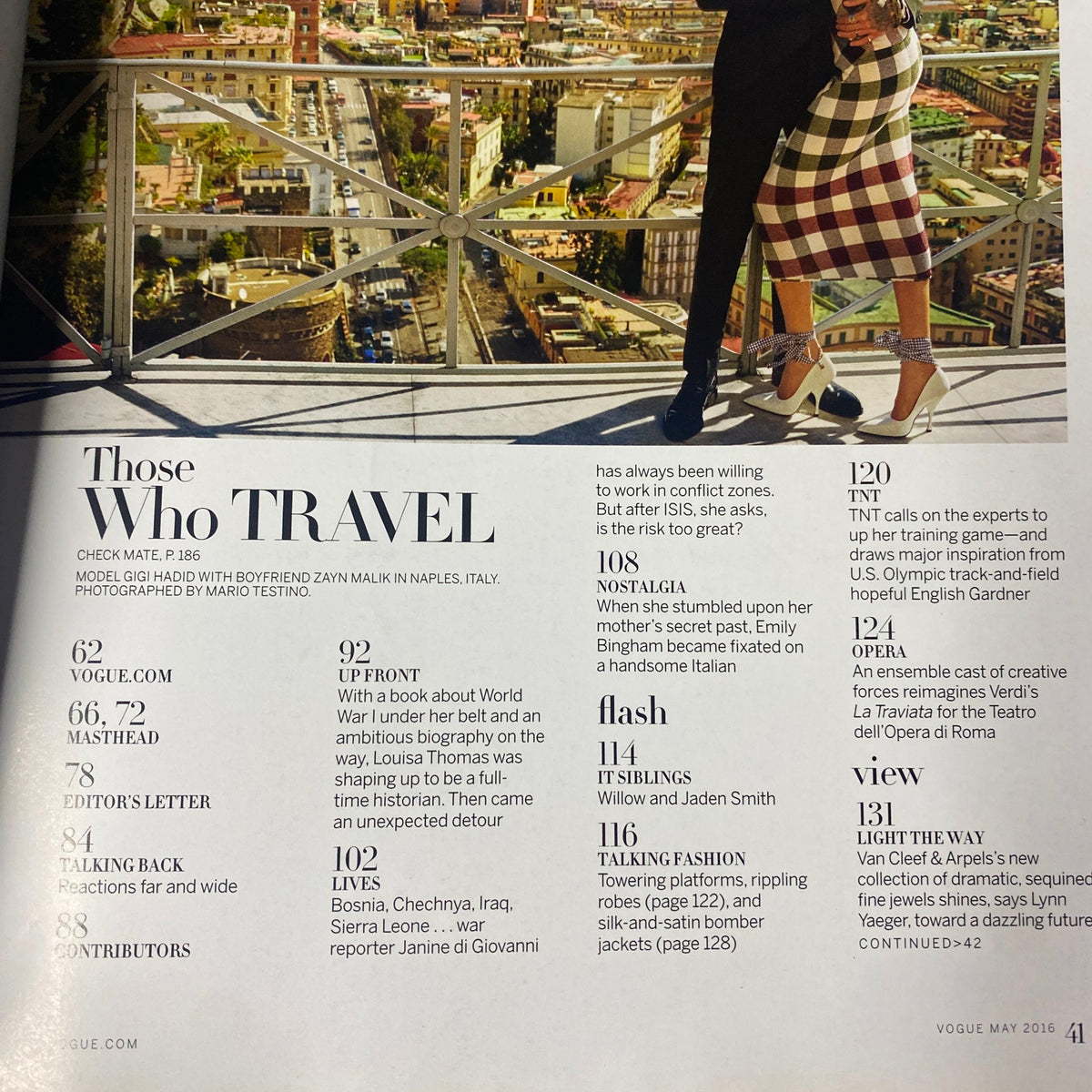 Page from Vogue Magazine May 2016 displaying the contents, including sections on travel and culture with references to Taylor Swift, Gigi Hadid, and Zayn Malik, enhancing the magazine's appeal.
