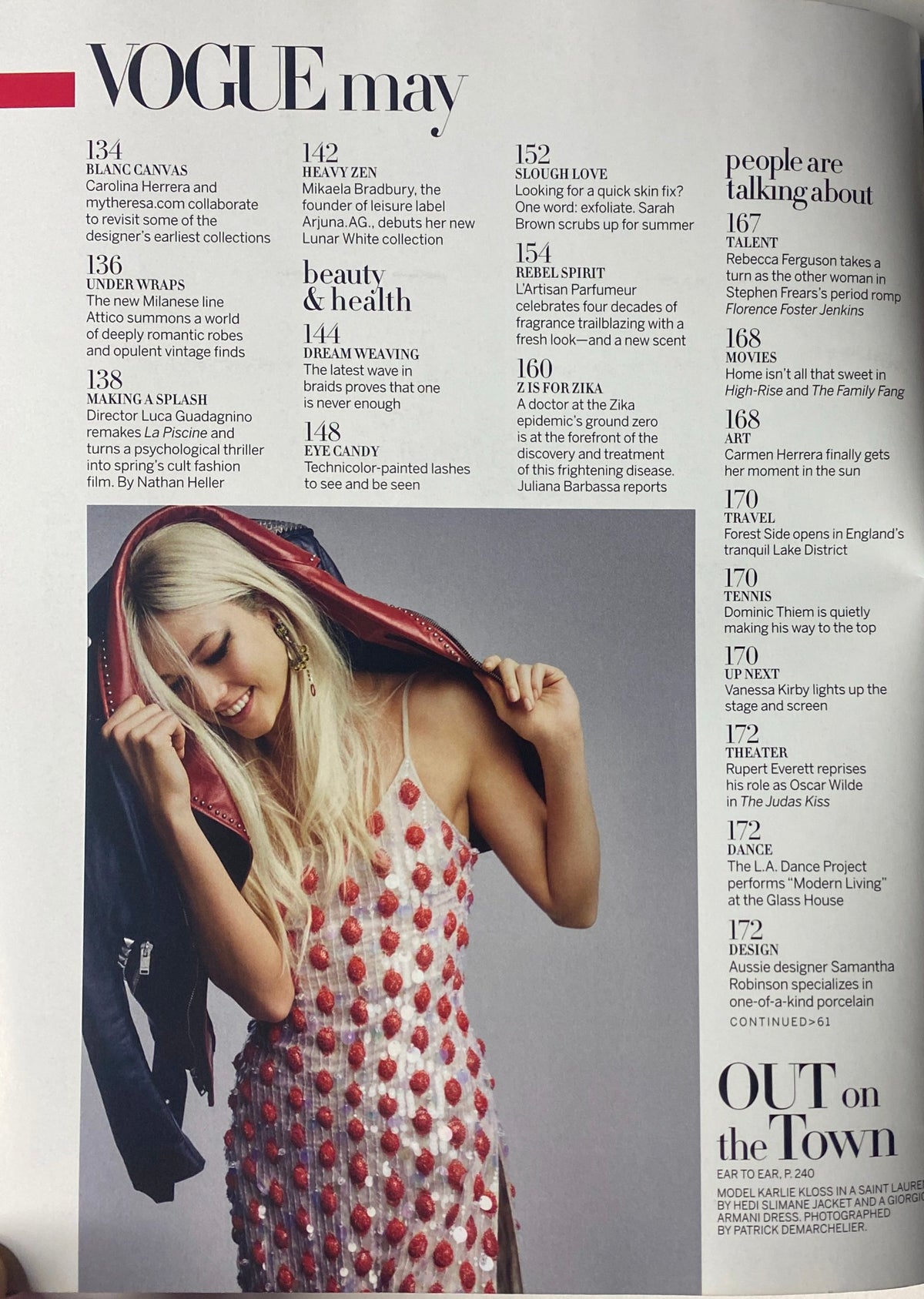 Vogue Magazine May 2016, featuring index of articles including fashion and features such as Secret Garden and cover look by Taylor Swift.