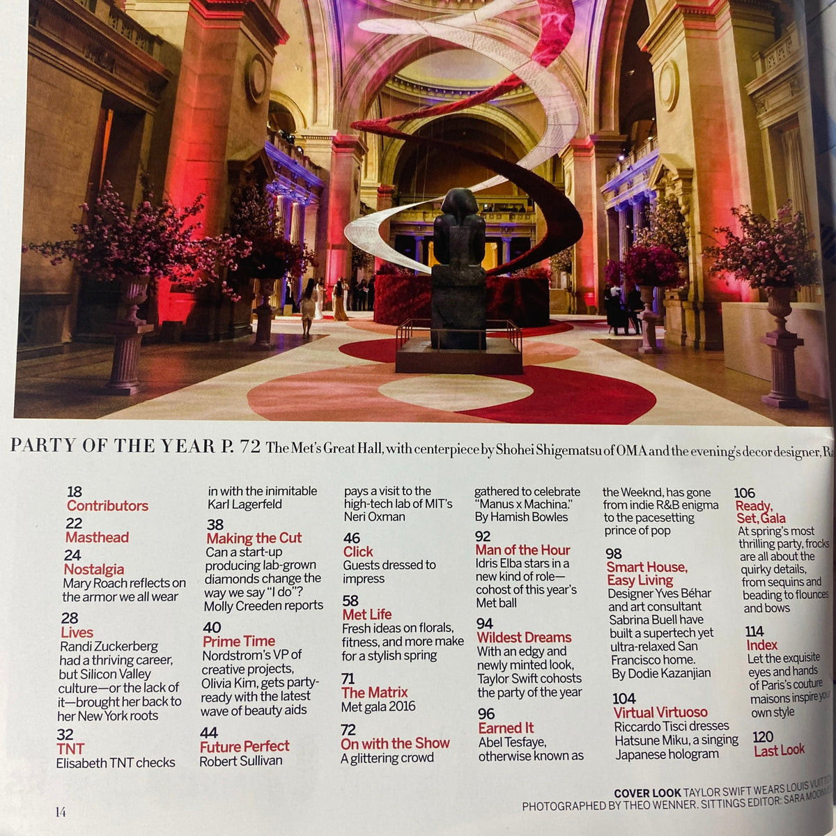 Contents page of Vogue Magazine 2016 featuring details about the Met Gala, including contributors and notable articles, highlights Taylor Swift's co-host role.