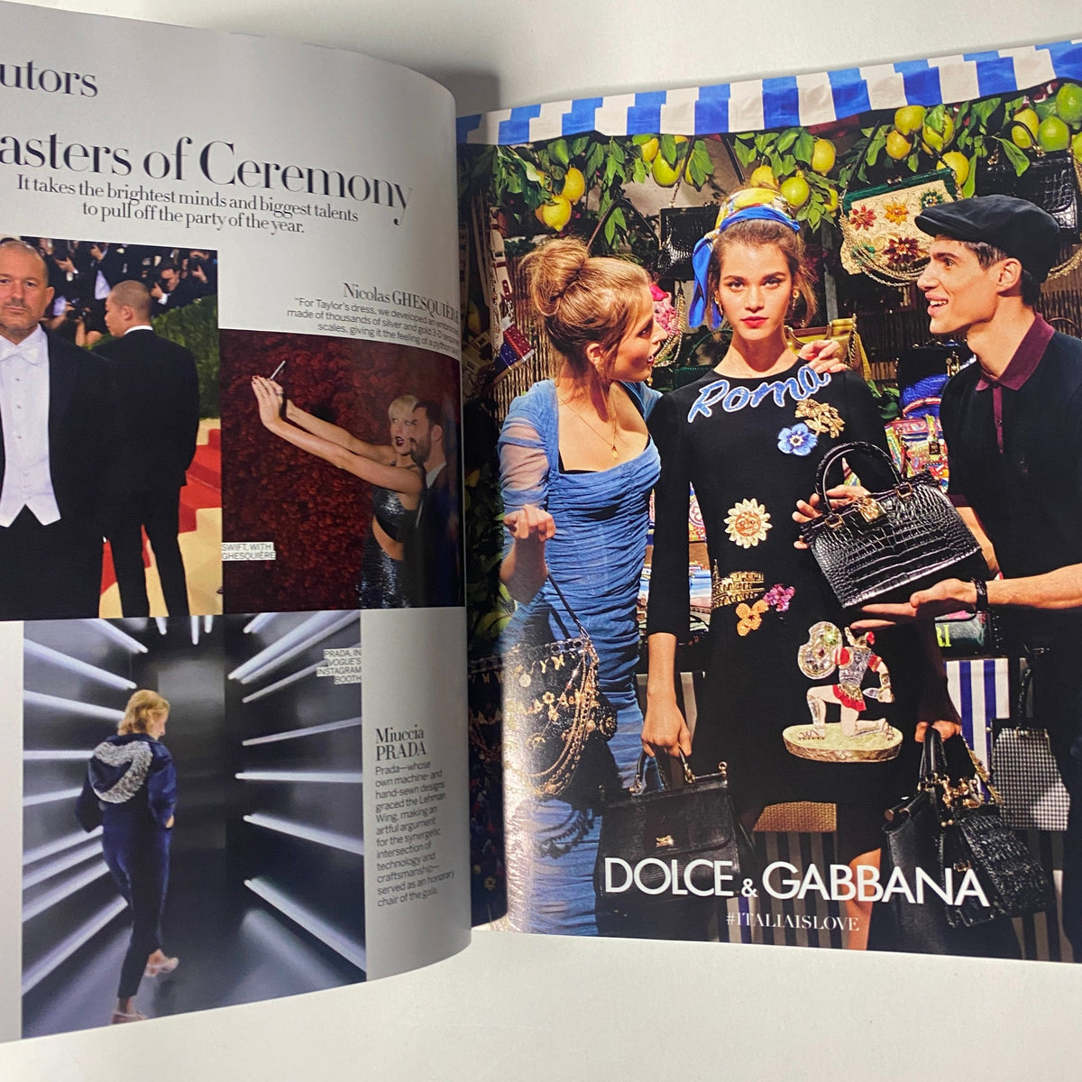 Interior spread from Vogue Magazine 2016 showcasing a fashion feature on Dolce & Gabbana, highlighting the glamorous atmosphere of the Met Gala.