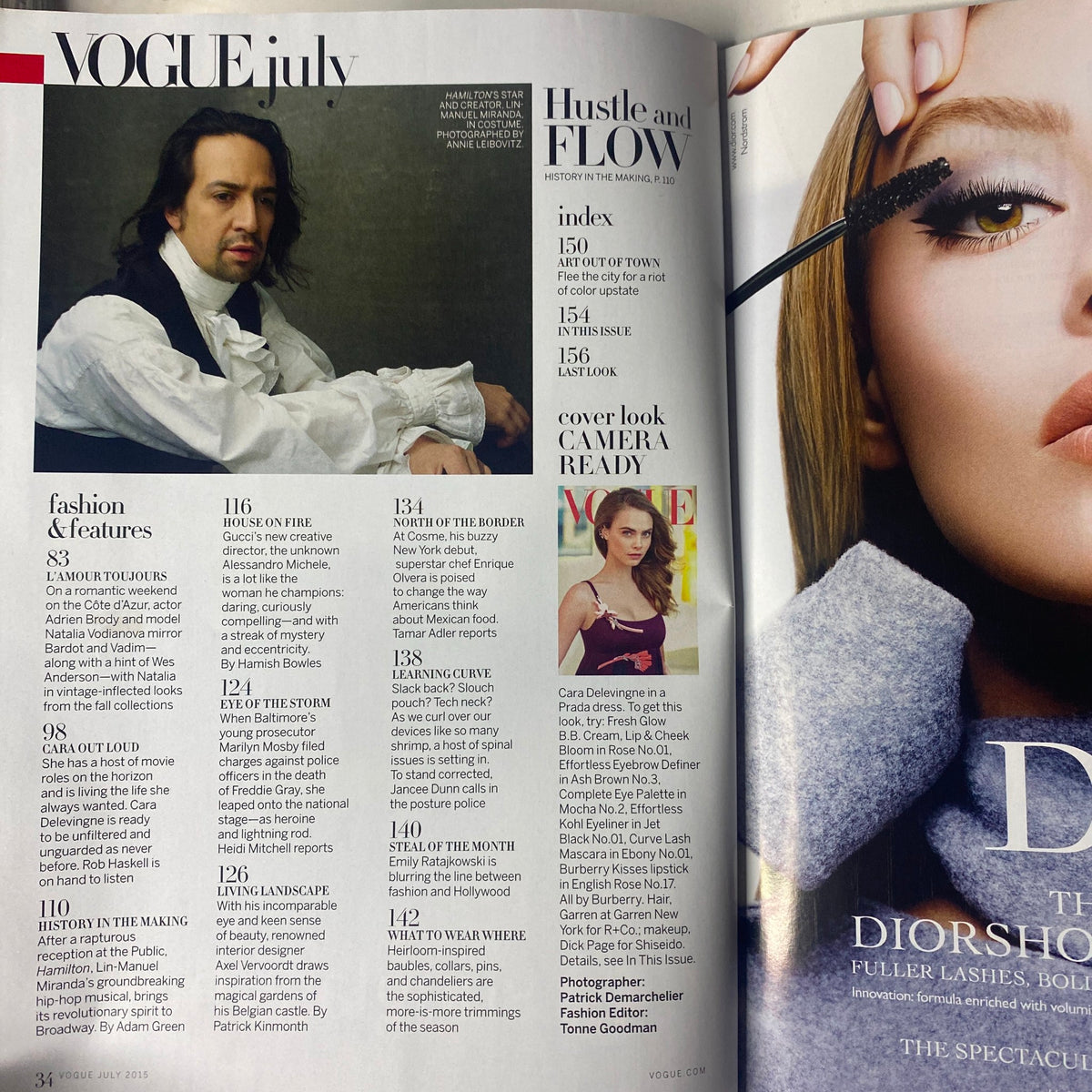 Inside page of Vogue Magazine July 2015 featuring content about prominent figures and fashion trends, including an index highlighting articles and features in this issue.