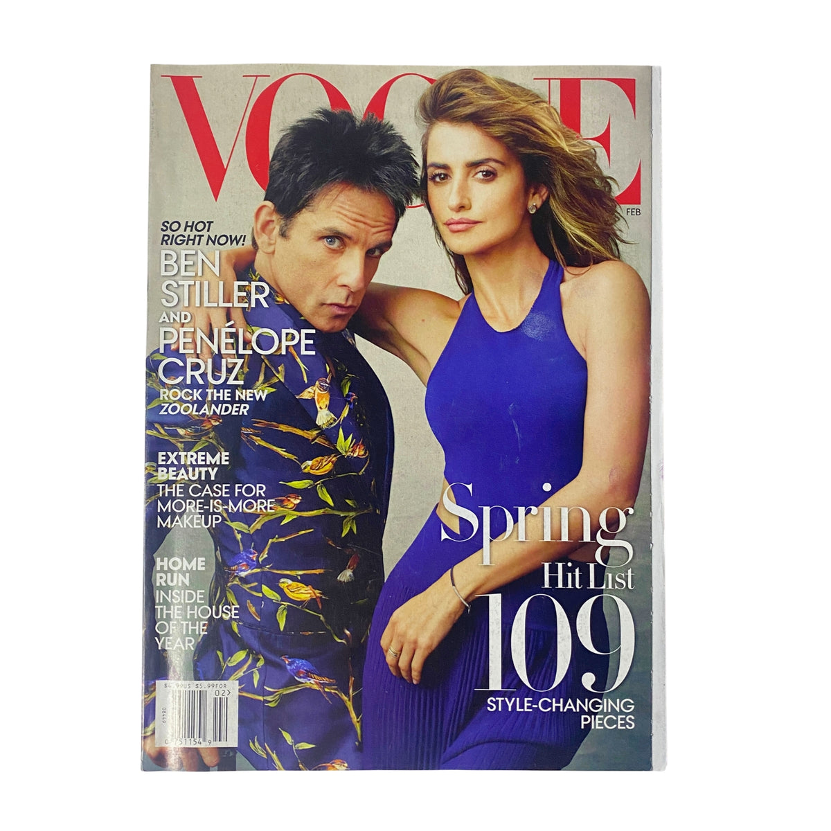 Cover of Vogue Magazine February 2016 featuring Penélope Cruz and Ben Stiller, celebrating the return of Zoolander, in very good condition with minor edge wear.