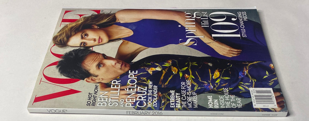 Side view of Vogue Magazine February 2016 showcasing the cover of Penélope Cruz and Ben Stiller, highlighting style content and condition details.