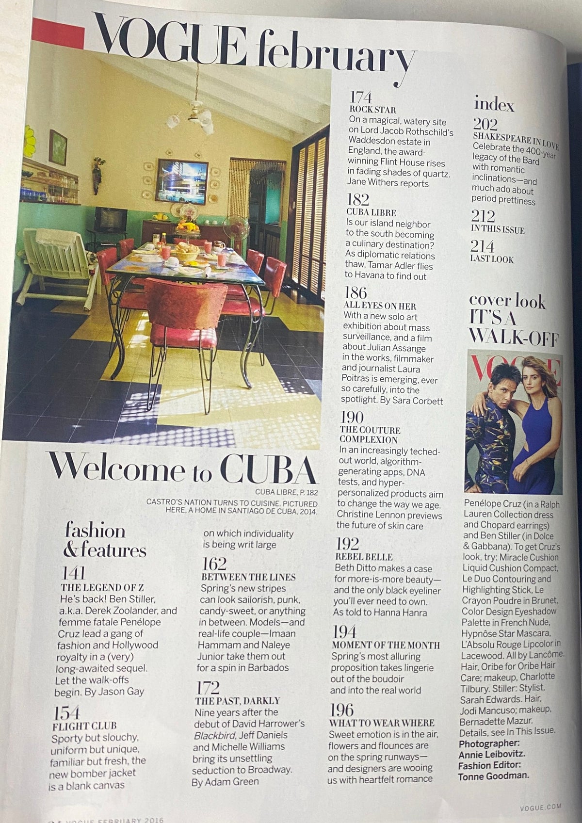 Feature page from Vogue Magazine February 2016 titled 'Welcome to Cuba', displaying colorful interior design and fashion elements.