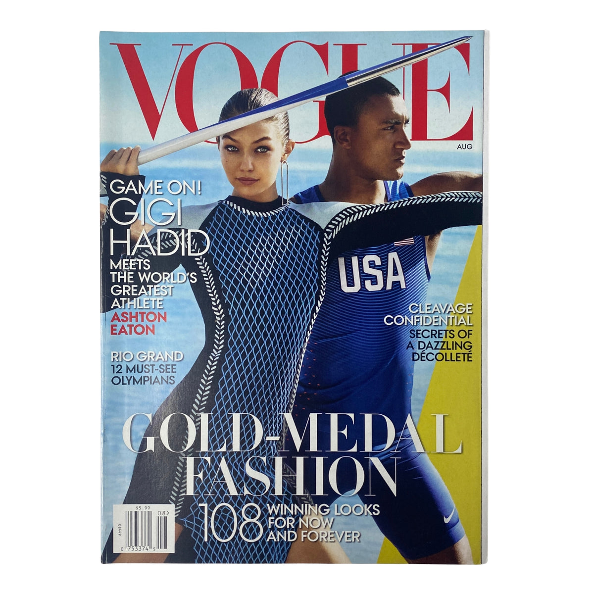 Vogue Magazine August 2016 featuring Gigi Hadid and Ashton Eaton on the cover, highlighting themes of gold-medal fashion and Olympic spirit.