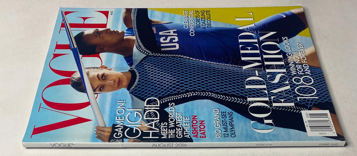 Vogue Magazine August 2016 showcasing Gigi Hadid and Olympic athlete Ashton Eaton, emphasizing winning looks and athletic excellence.