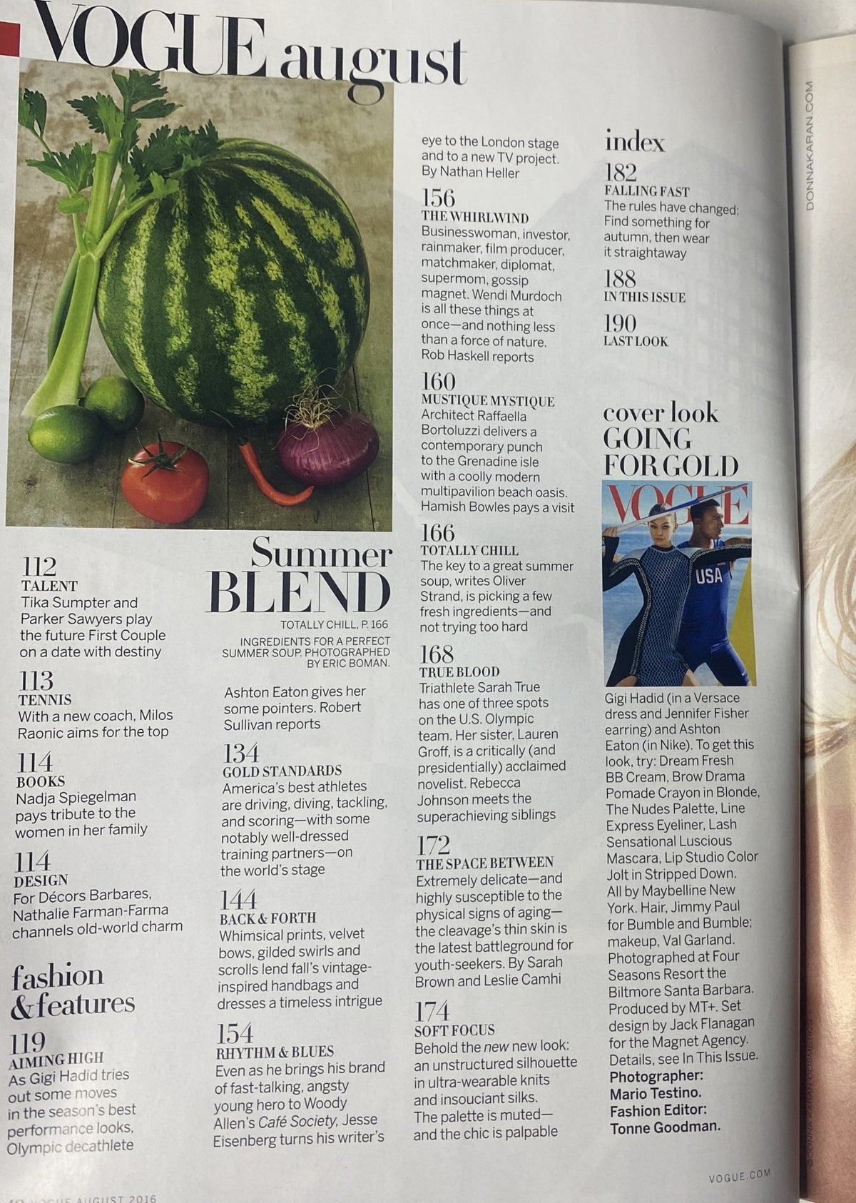 Vogue Magazine August 2016 issue featuring contents page highlighting articles like 'Summer Blend,' 'Aiming High,' and 'Gold Standards.' The layout reflects a blend of high fashion and Olympic spirit, featuring Gigi Hadid and Ashton Eaton on the cover.