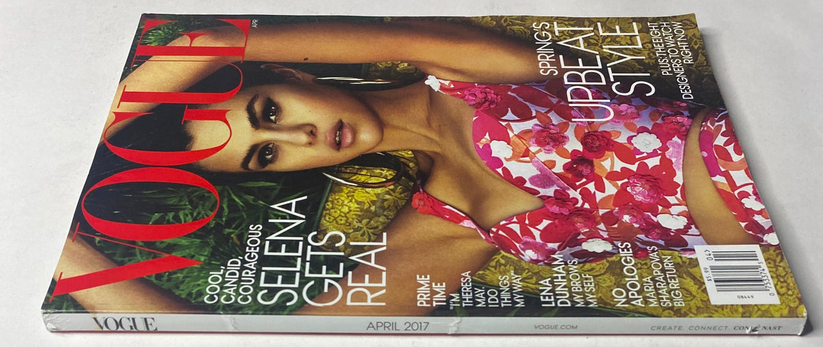 Side view of Vogue Magazine April 2017 Selena Gomez Cover No Label VG, highlighting the magazine title and Selena Gomez's striking cover photo.