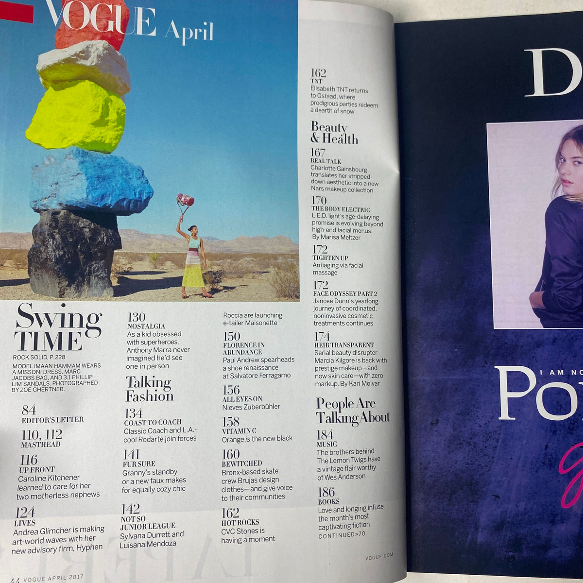 Table of contents from Vogue Magazine April 2017 Selena Gomez Cover No Label VG, listing featured articles including fashion and cultural commentary.