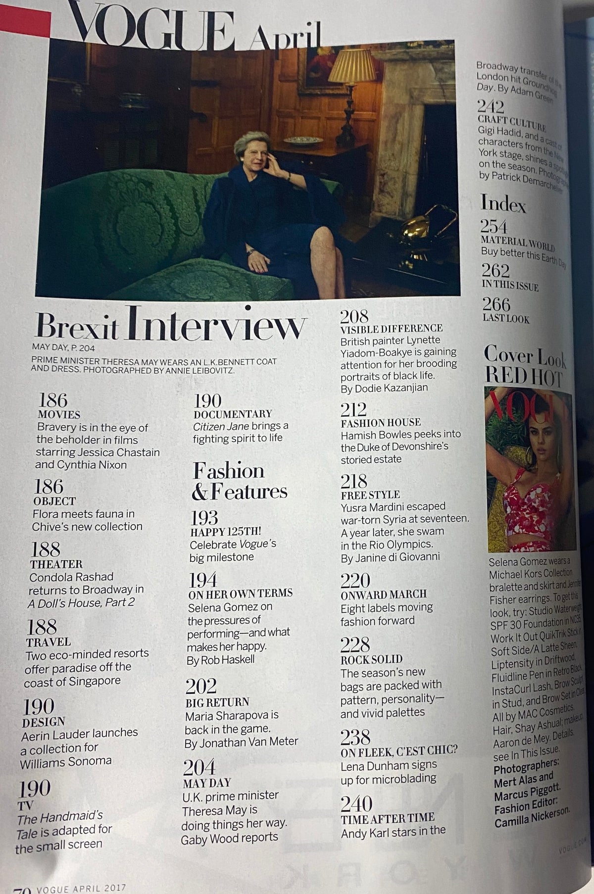 Feature page from Vogue Magazine April 2017 Selena Gomez Cover No Label VG, displaying an article about Theresa May's interview and political commentary.