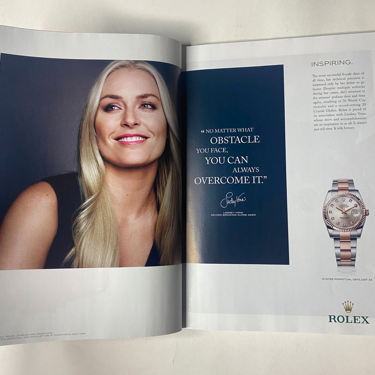 Advertisement page from Vogue Magazine April 2017 Selena Gomez Cover No Label VG, showcasing a Rolex watch with an inspirational quote.