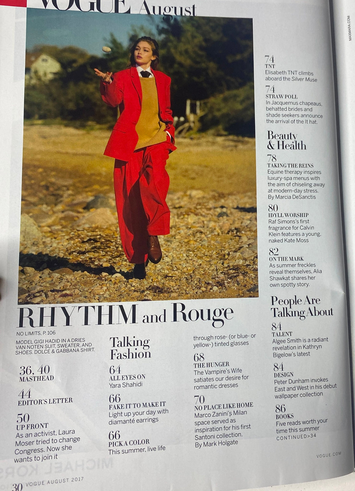 Inside page of Vogue Magazine August 2017, displaying the table of contents including sections like 'Talking Fashion' and 'Beauty & Health'.