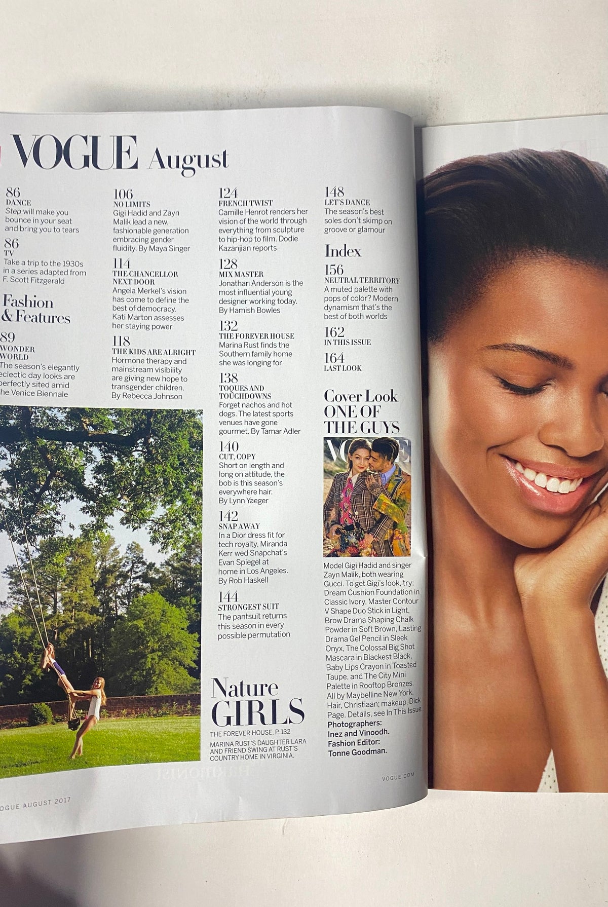 Inside spread of Vogue Magazine August 2017, highlighting features on fashion and beauty with emphasis on gender fluidity and diverse styles.