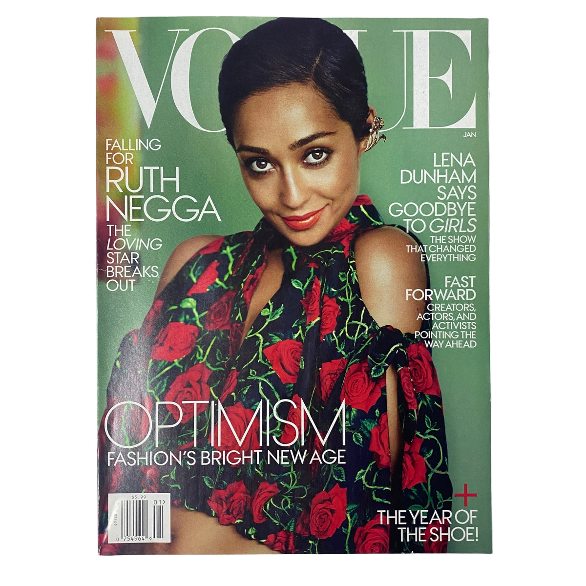 Vogue Magazine January 2017 featuring Ruth Negga on the cover, showcasing her in a floral dress with roses, highlighting themes of optimism in fashion.