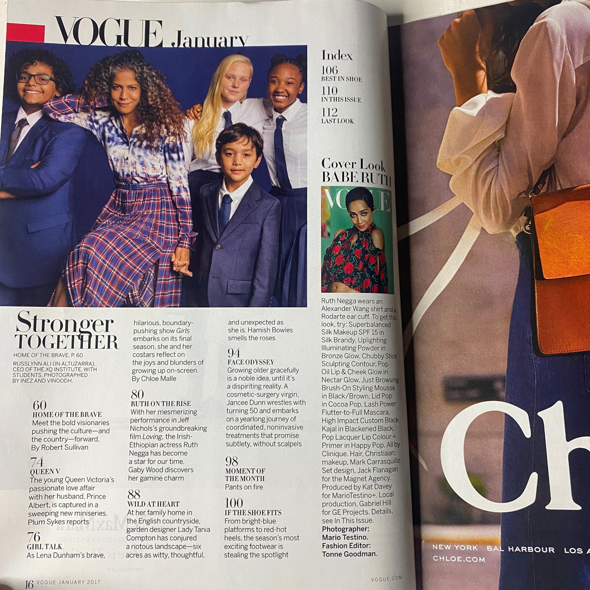 Inside spread from Vogue Magazine January 2017 showcasing a collective of models and Ruth Negga's cover look with details about fashion and editorial highlights.