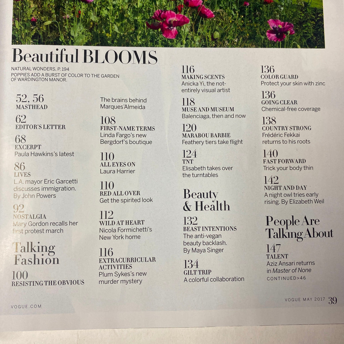 Contents page of Vogue Magazine May 2017, includes features like Paula Hawkins and Eric Garcetti.