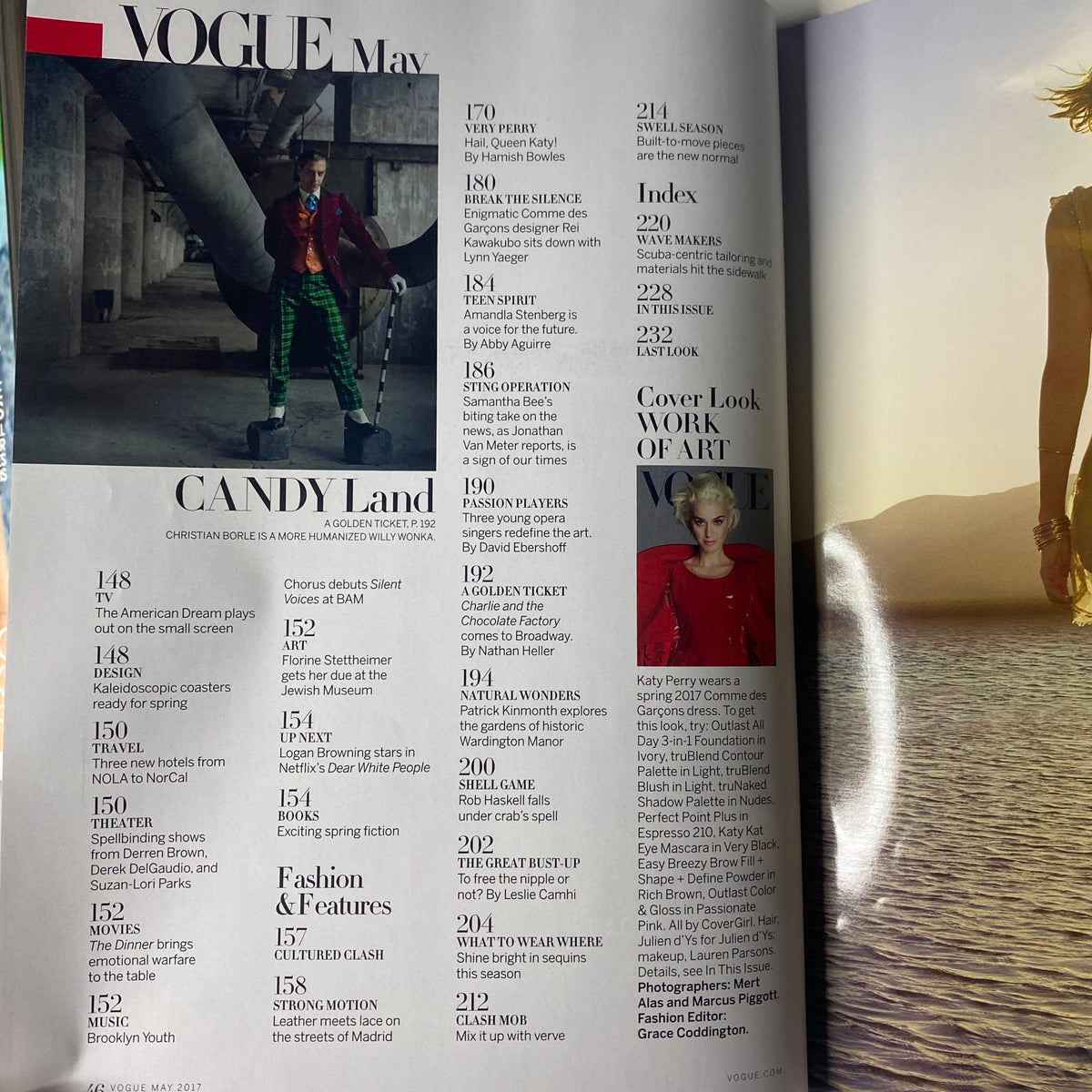 Table of contents of Vogue Magazine May 2017, listing articles including Crawford's Candy Land and Katy Perry on the cover.