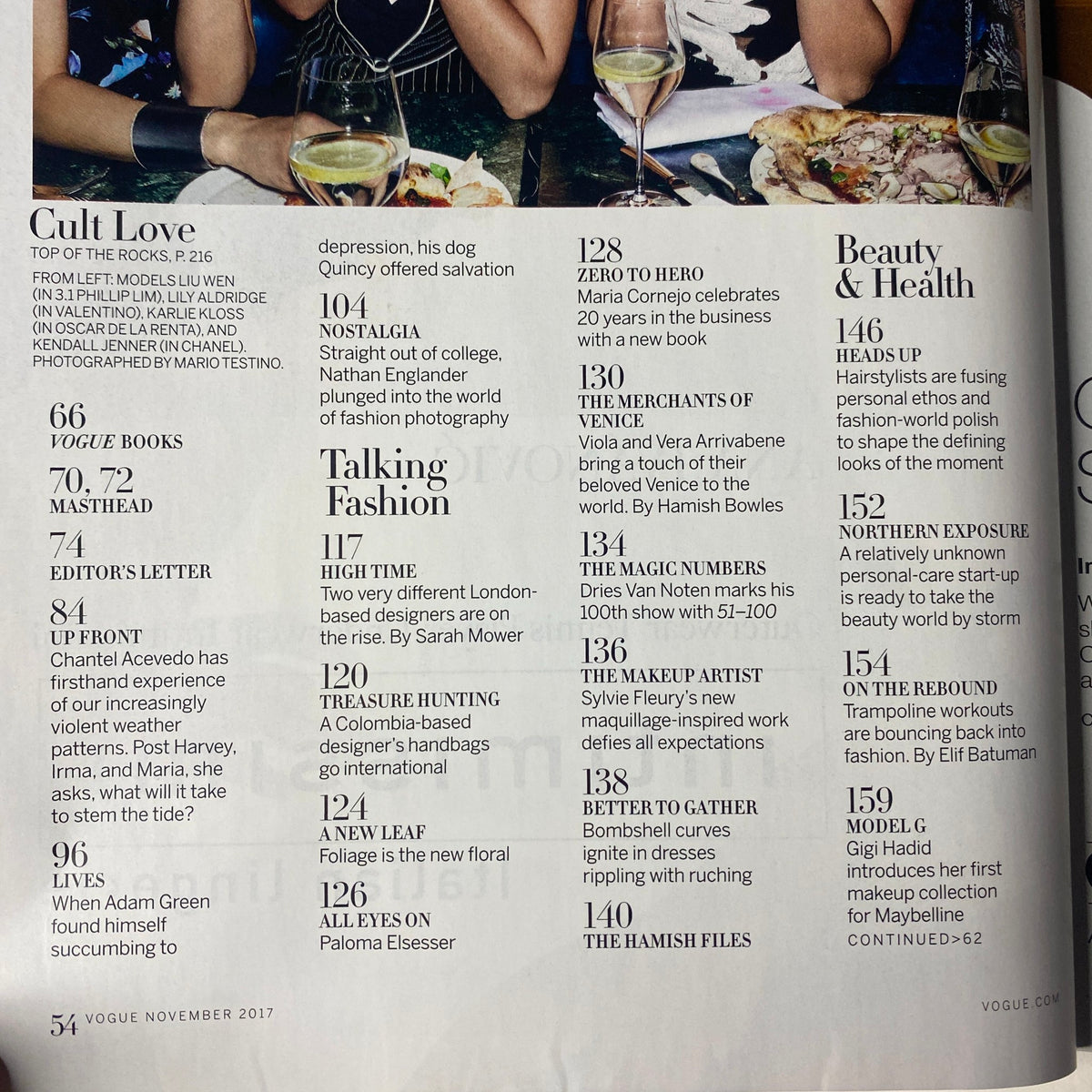 Contents page of Vogue Magazine November 2017, including highlights such as articles on fashion and culture related to Daisy Ridley.