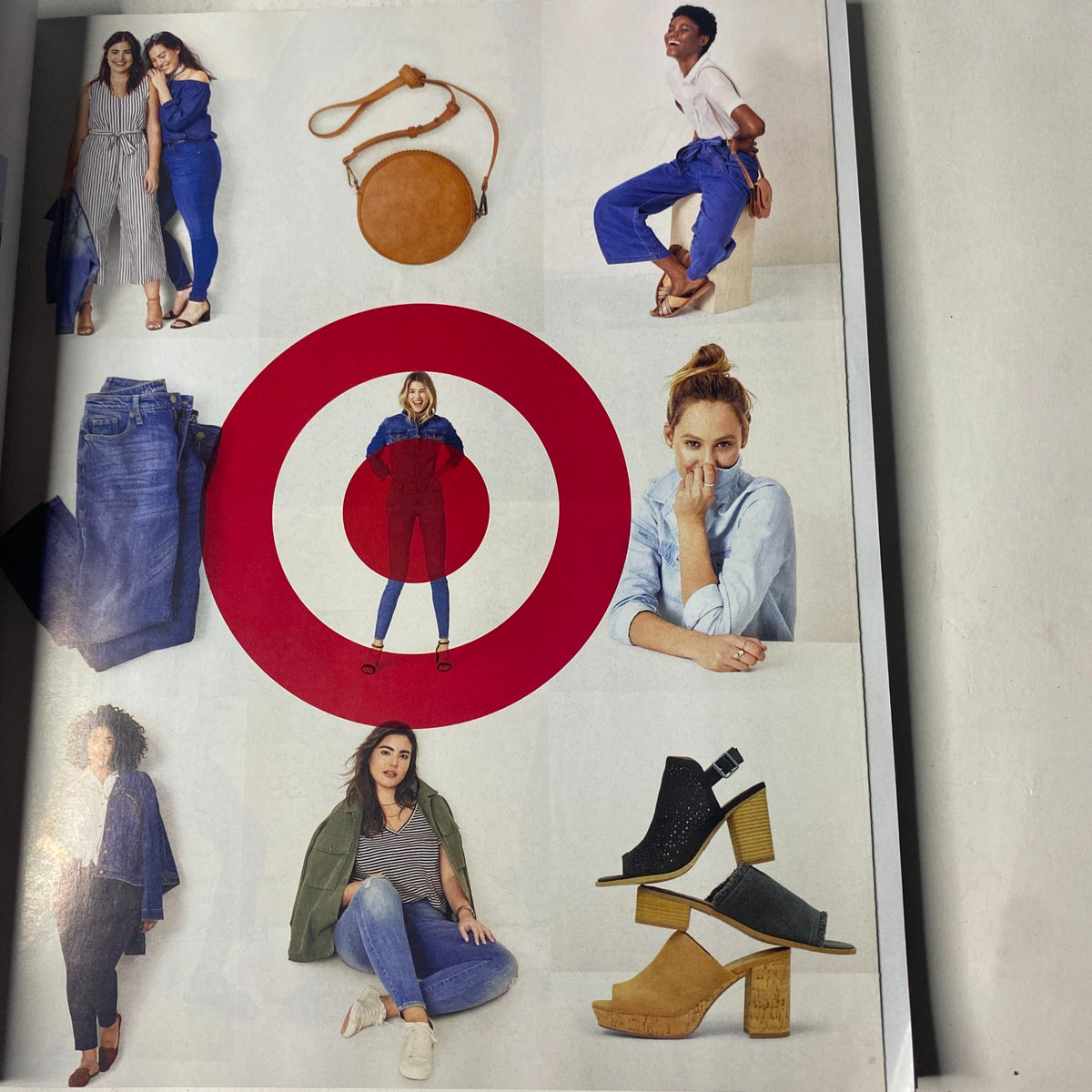 Vogue Magazine March 2018 Alicia Vikander Cover No Label VG showcases a fashion spread featuring models styled in trendy denim outfits, centered around a red target motif.