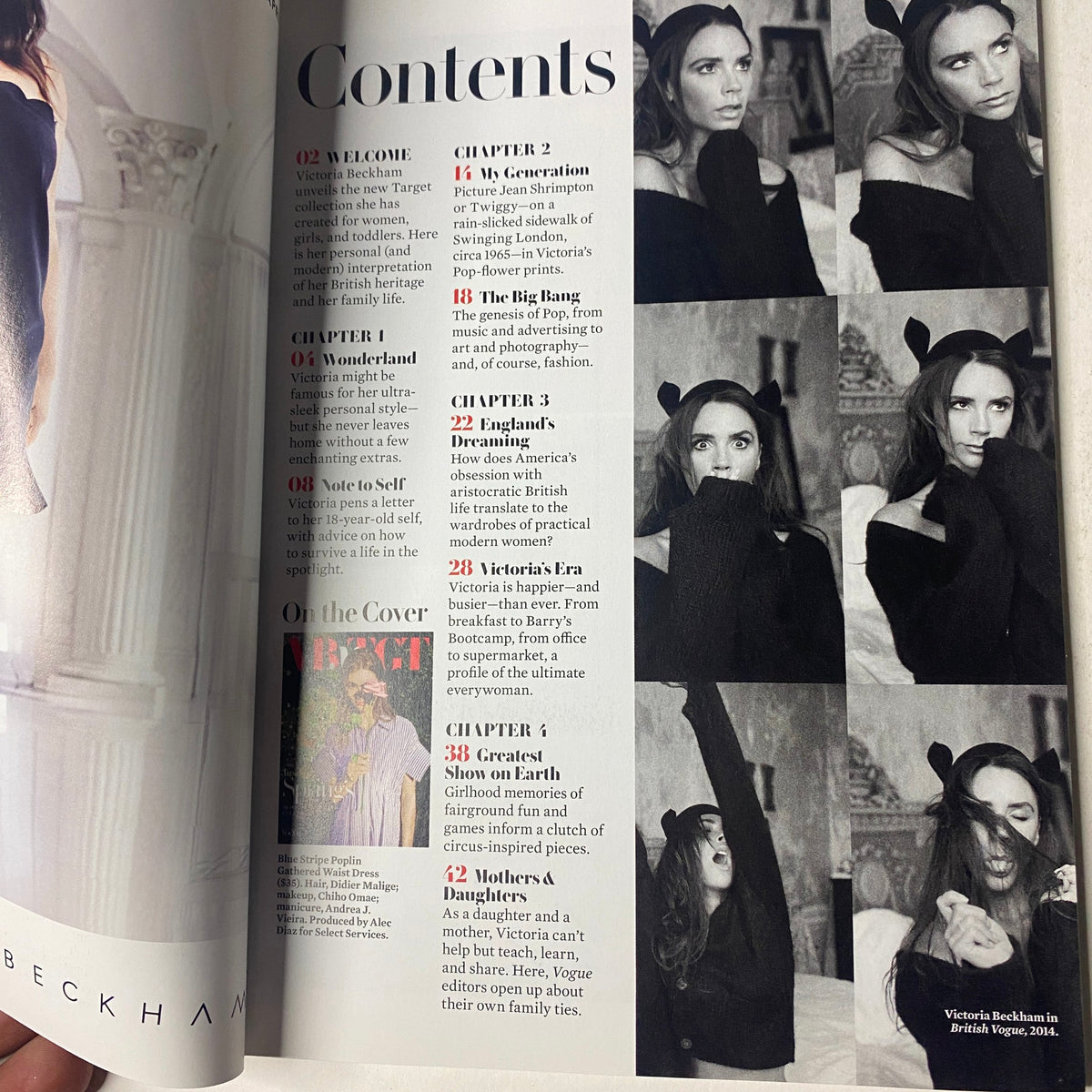 Table of contents from Vogue Magazine highlighting chapters of Victoria Beckham’s Spring Collection, including features like 'My Generation' and 'The Big Bang.' Title: Vogue Magazine Victoria Beckham Spring Collection No Label VG.
