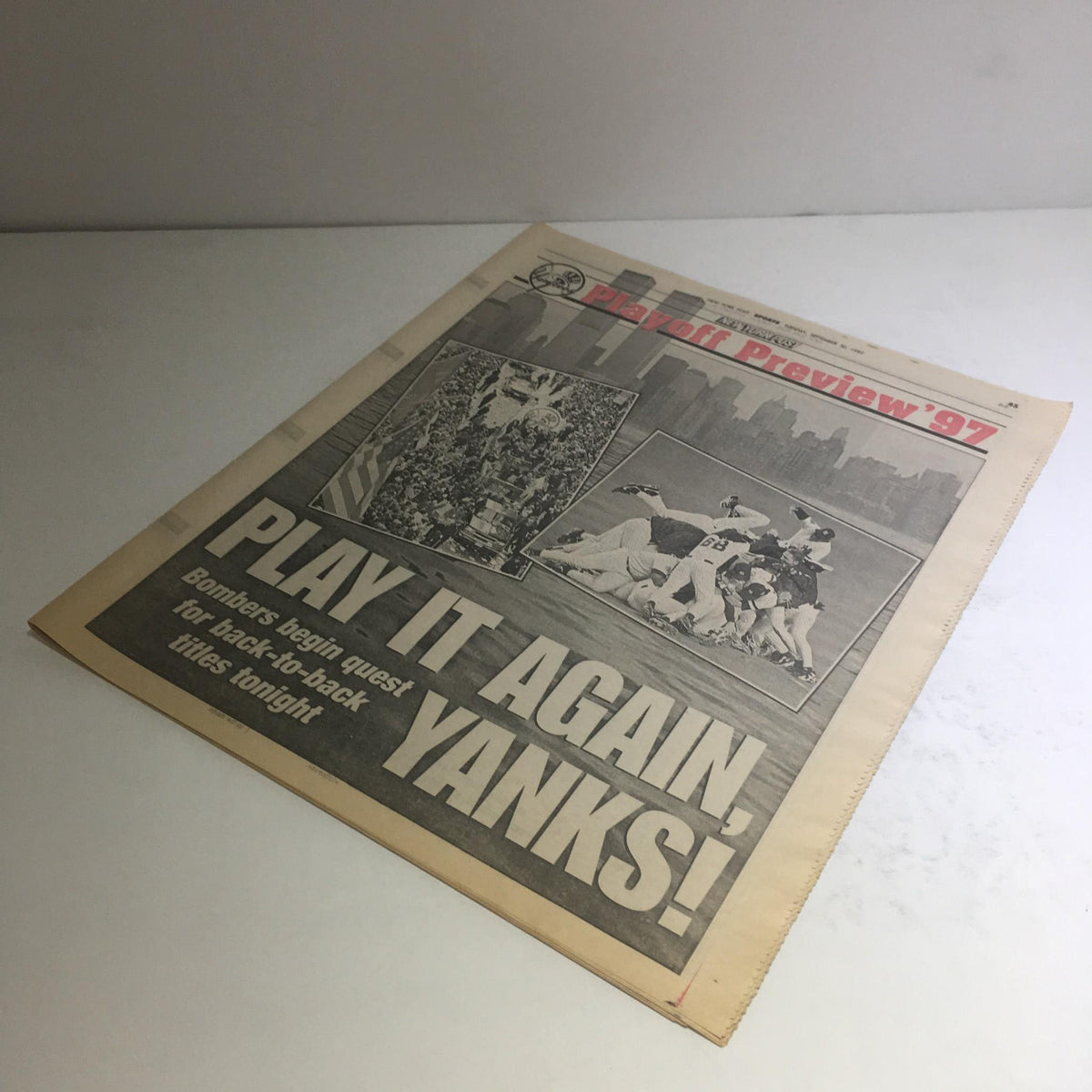 New York Post: September 30 1997 Play It Again, Yanks! highlighting the powerful headline about the Yankees' playoff match and iconic imagery.