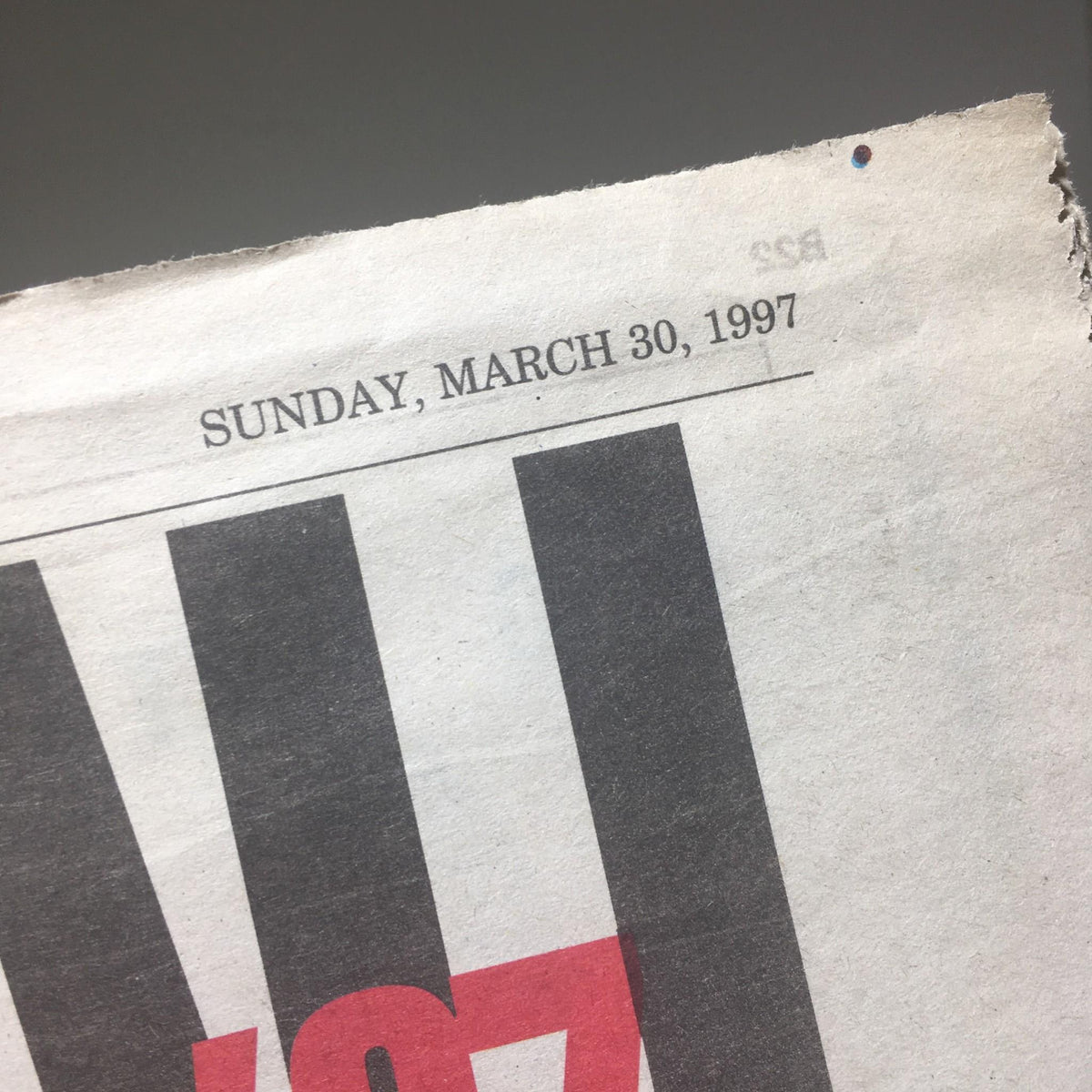 Close-up of the date on Newsday: March 30 1997 Baseball '97 Yanks Mets & More Encore!, displaying the publication date prominently.