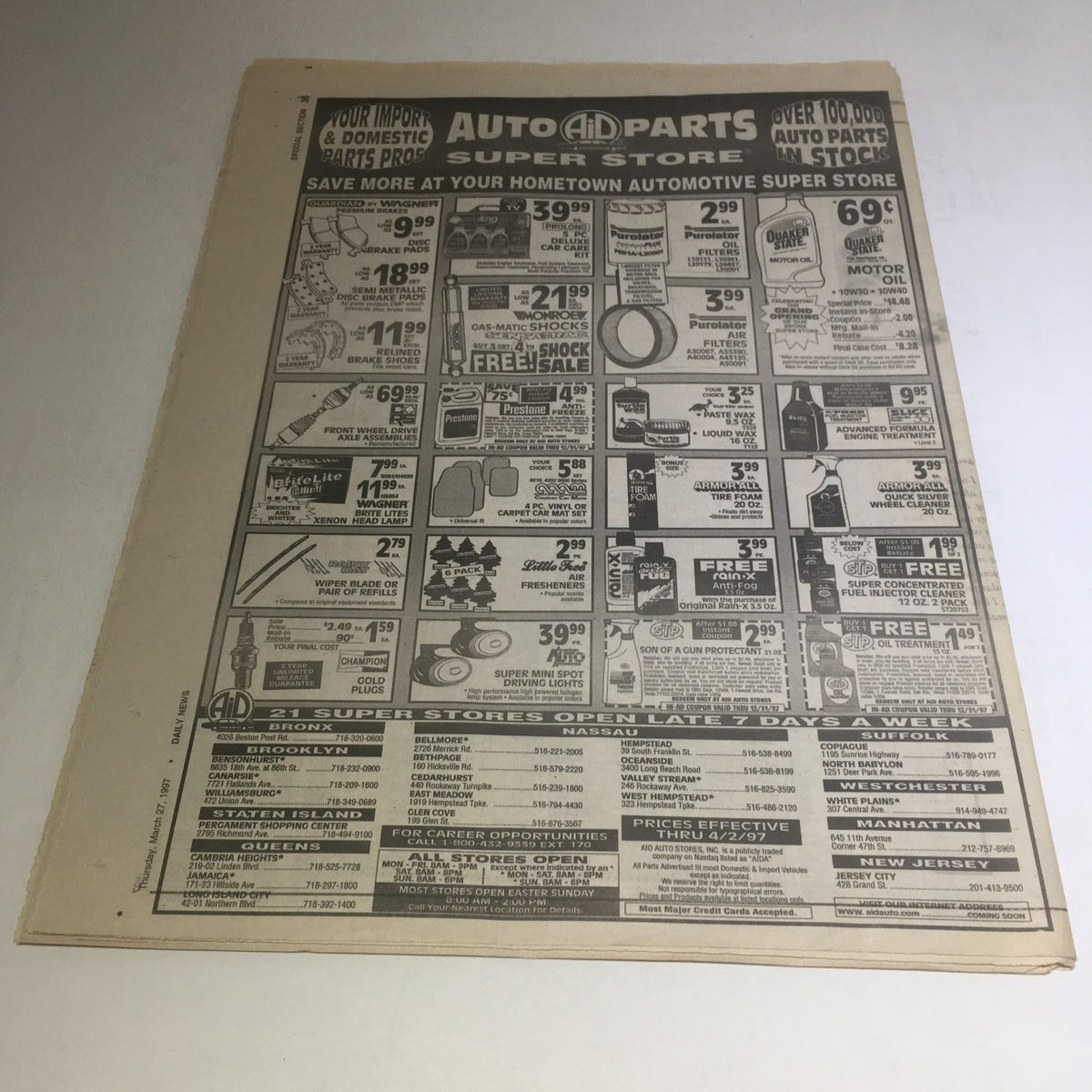 Vintage advertisement page from NY Daily News titled 'NY Daily News: March 27 1997 Heat's On Mets: Gilkey Delivers Quiet Clout' featuring automotive parts with pricing details.
