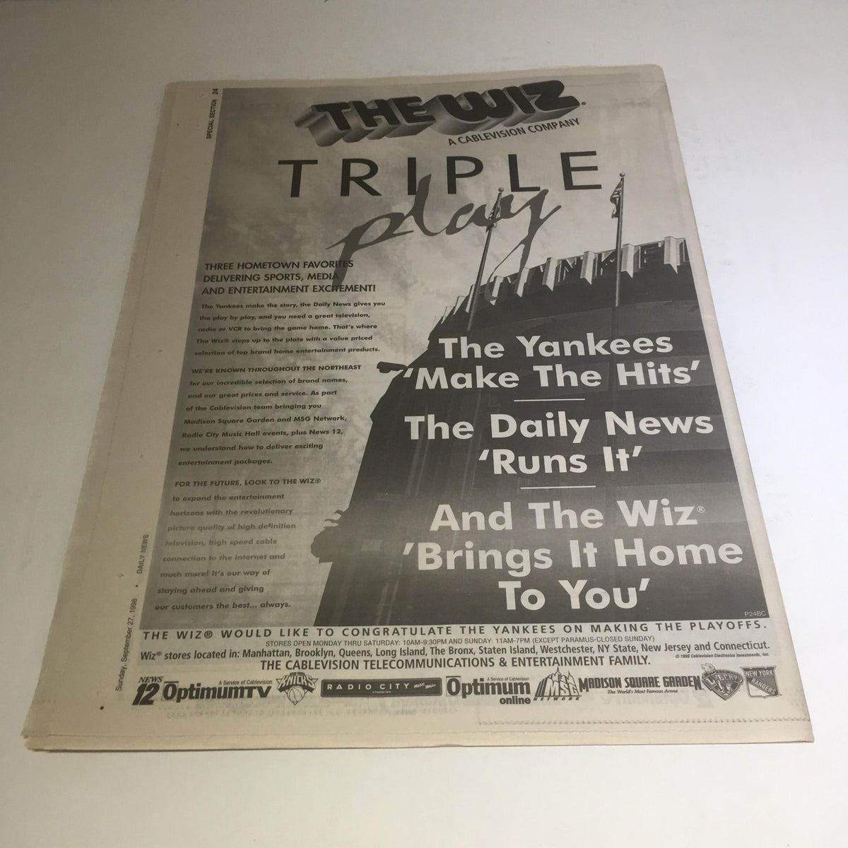 Back cover of the NY Daily News: September 27 1998, featuring an advertisement for The Wiz and showcasing a connection to the Yankees and Daily News.