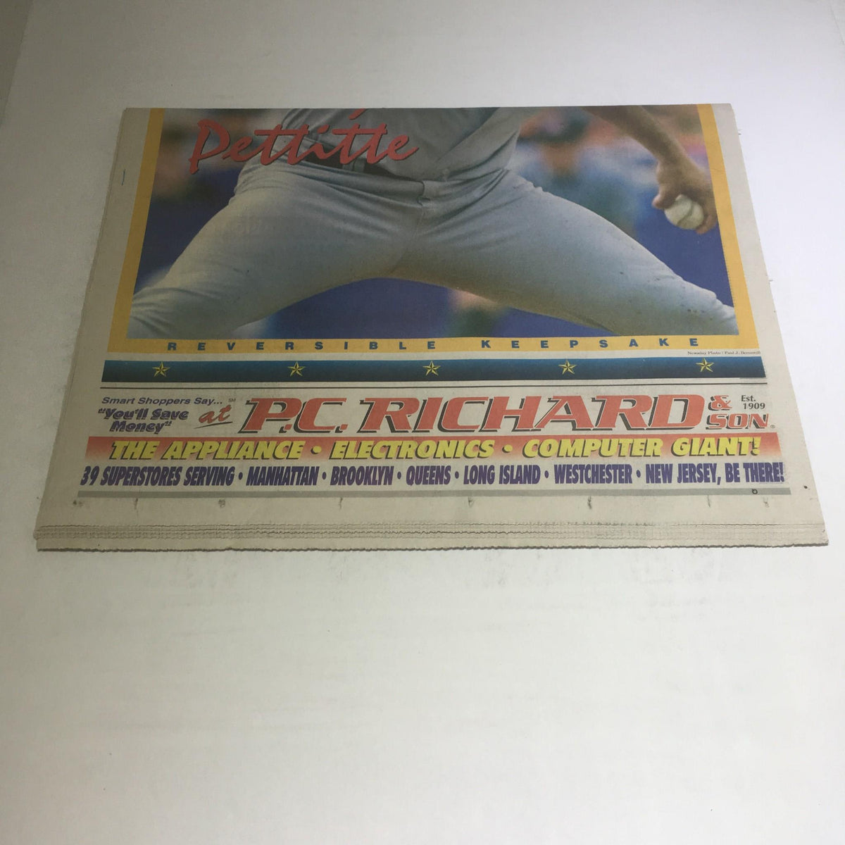 Back cover of Newsday magazine from September 7, 1998, highlighting Andy Pettitte, with a focus on the reversible keepsake advertisement.
