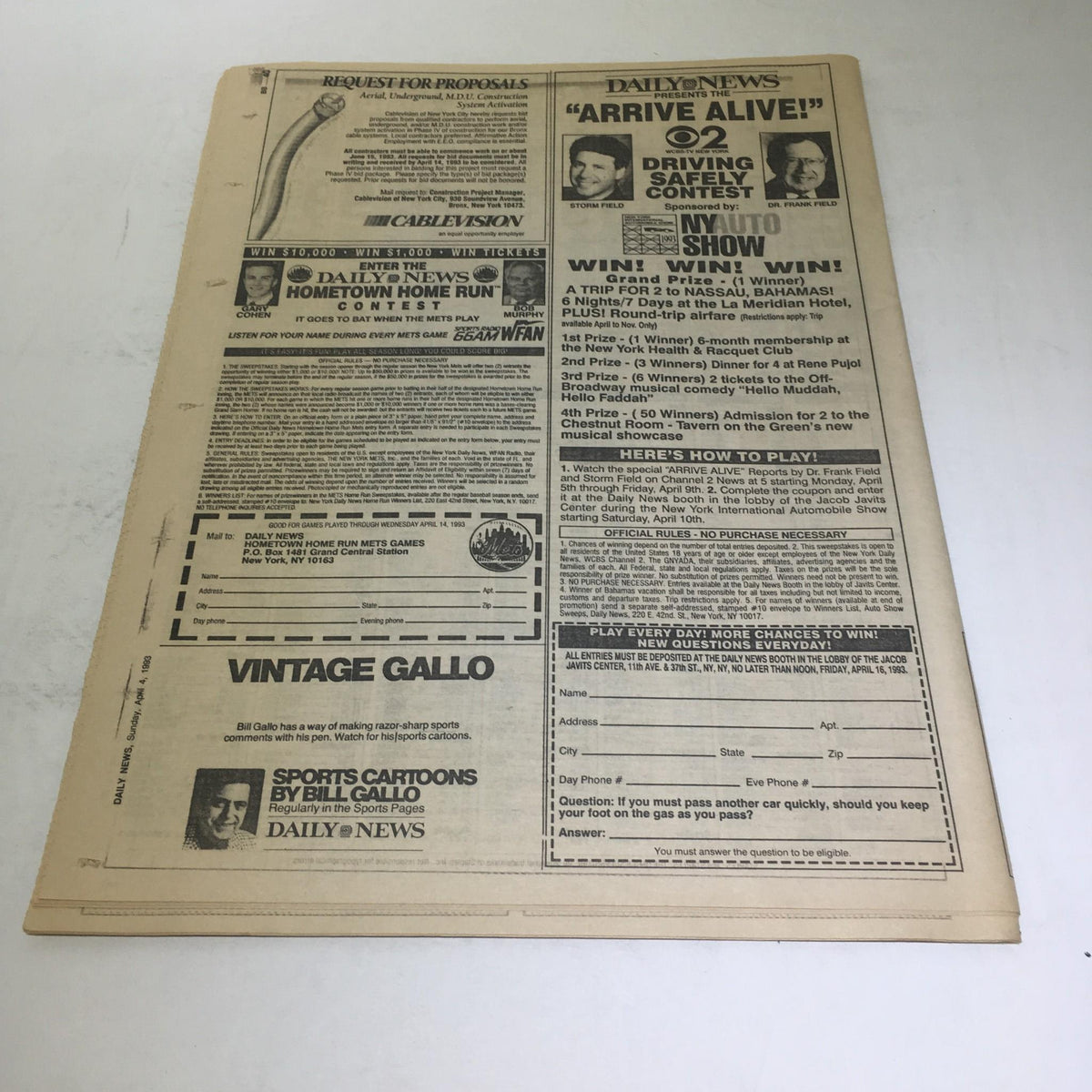 Backside of the New York Daily News from April 4, 1993, with advertisements and features.