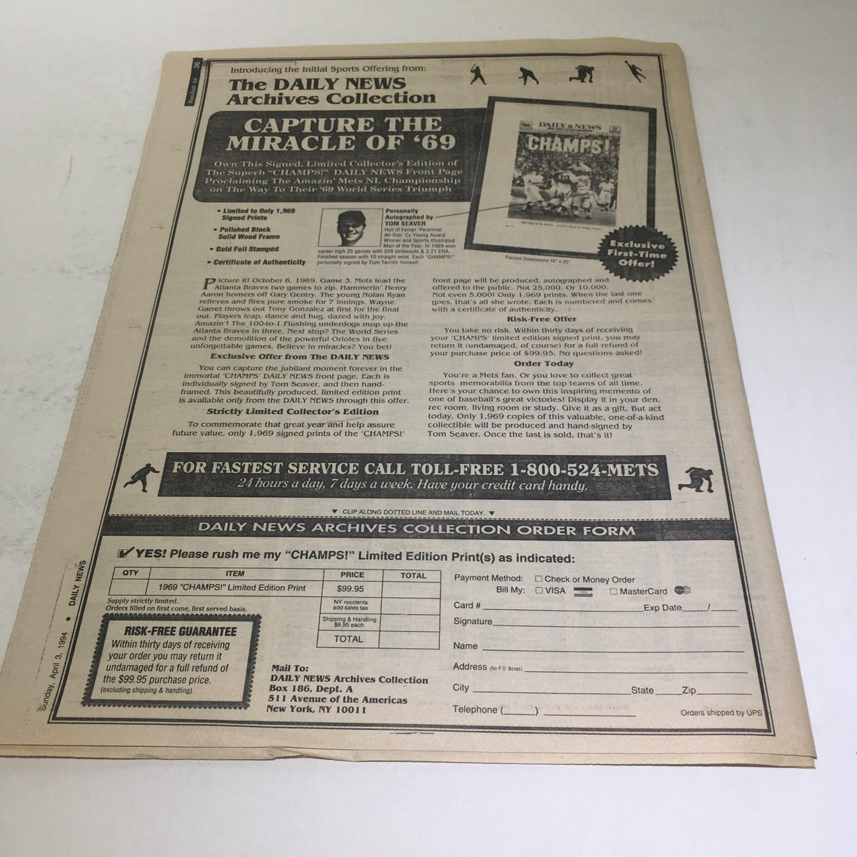 Advertisement page from the NY Daily News: April 3 1994 Baseball '94 Lefties Are Key promoting the Daily News Archives Collection and showcasing a limited edition print.