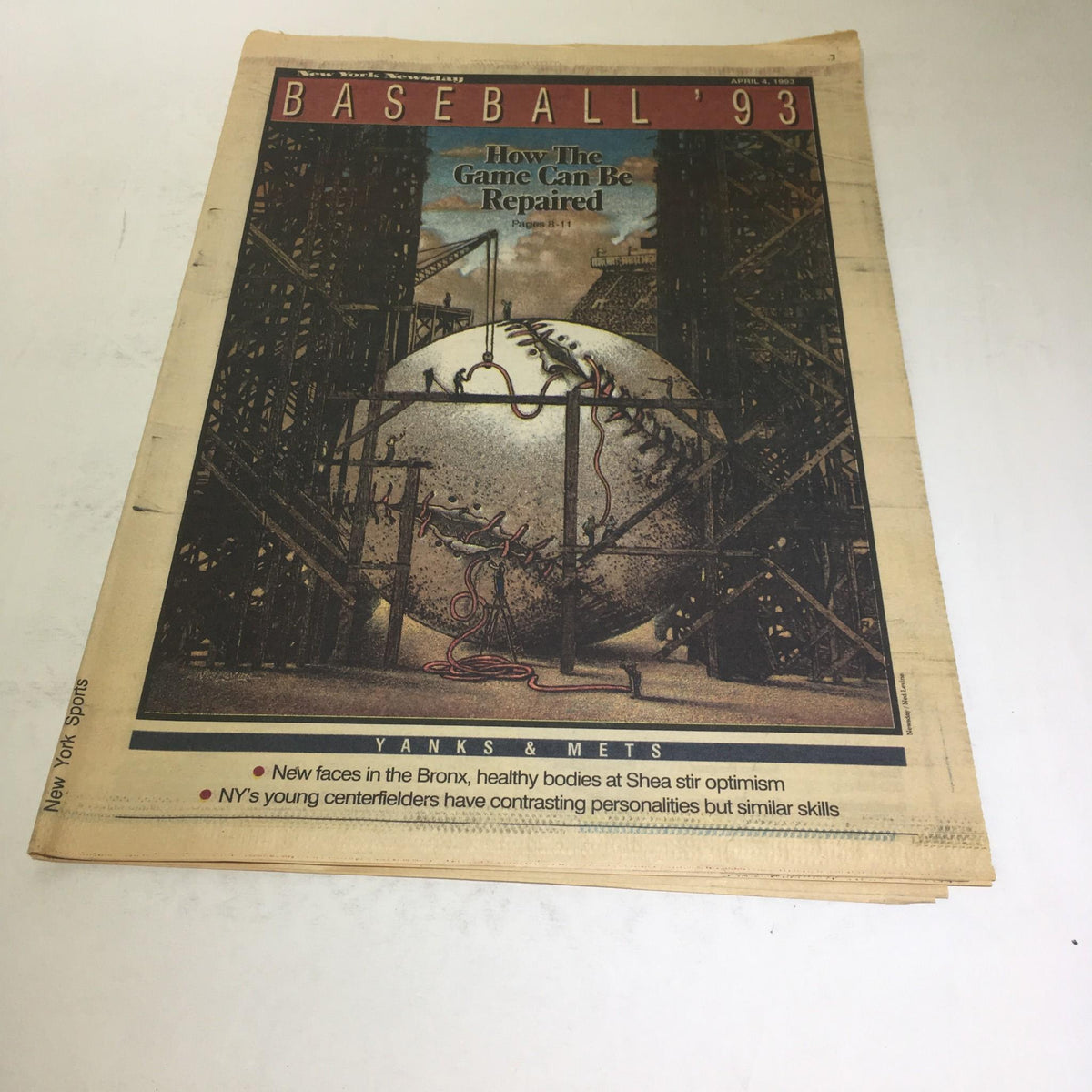 New York Newsday: April 4 1993 Baseball '93 cover showing a baseball with repair tools, featuring articles on Yanks and Mets.
