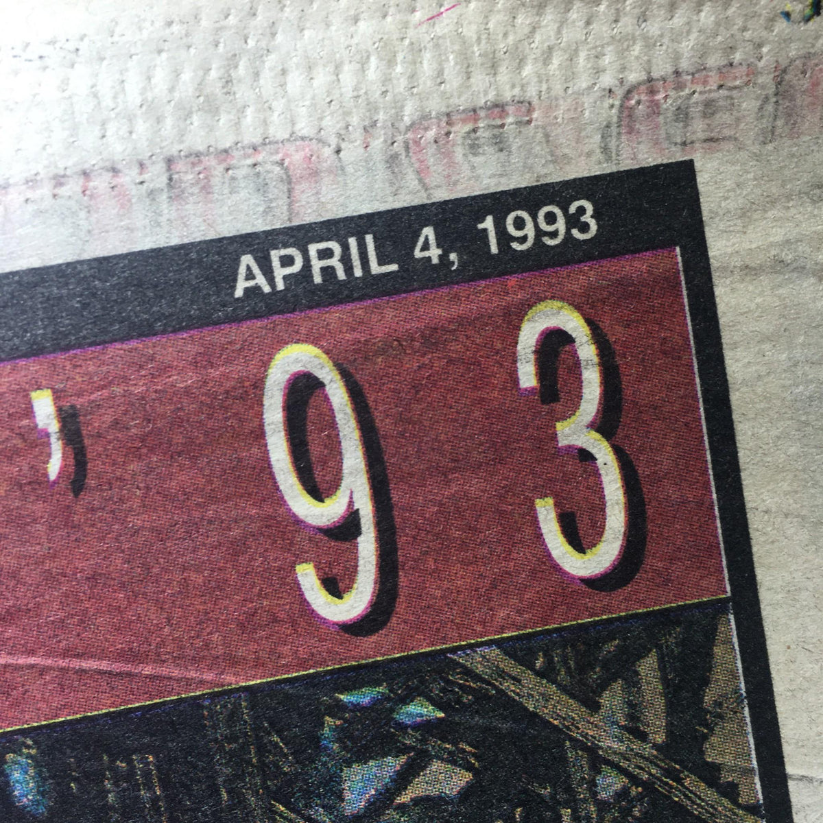 Close-up of New York Newsday: April 4 1993 Baseball '93 title emphasizing the date and the year 93.