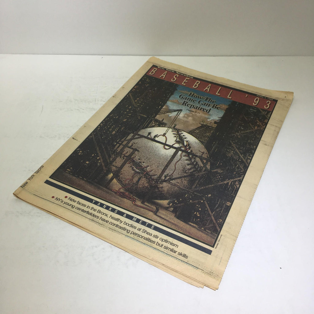 Cover of New York Newsday: April 4 1993 Baseball '93 featuring a baseball image, showcasing the theme of baseball and the sports culture of the time.