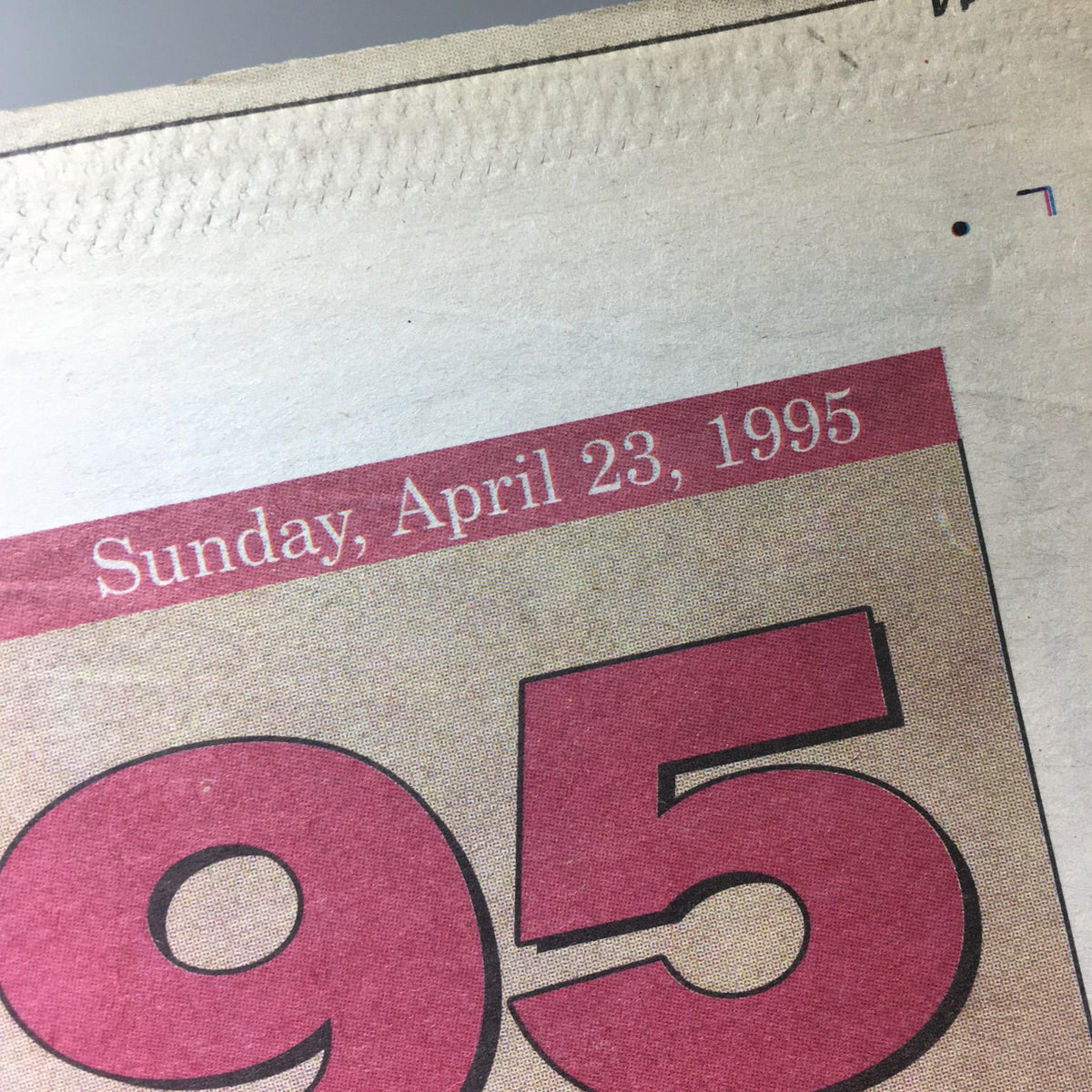 Date section of New York Newsday: April 23 1995 Baseball '95 showing 'Sunday, April 23, 1995' at the top.
