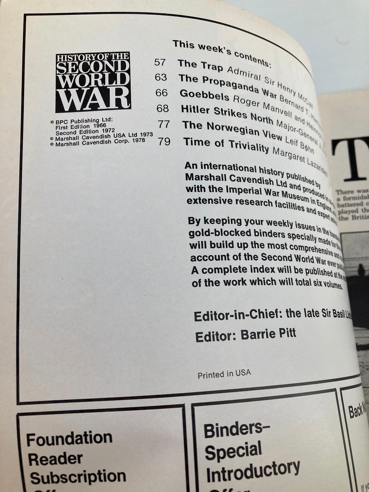 Interior page from 'VTG History of the Second World War Part 3 1978 - The Germans Strike North' magazine featuring the table of contents and details about the publication, showcasing topics included like Hitler's Northern advance and propaganda strategies during World War II.