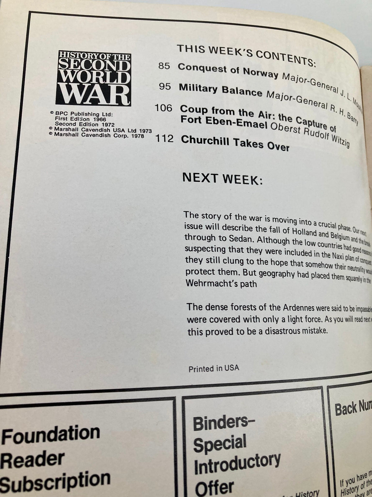 Inside page of 'VTG History of the Second World War Part 4 1978 - Hitler's Troops Crush Norway' showcasing the table of contents, detailing articles on military strategies during WWII.