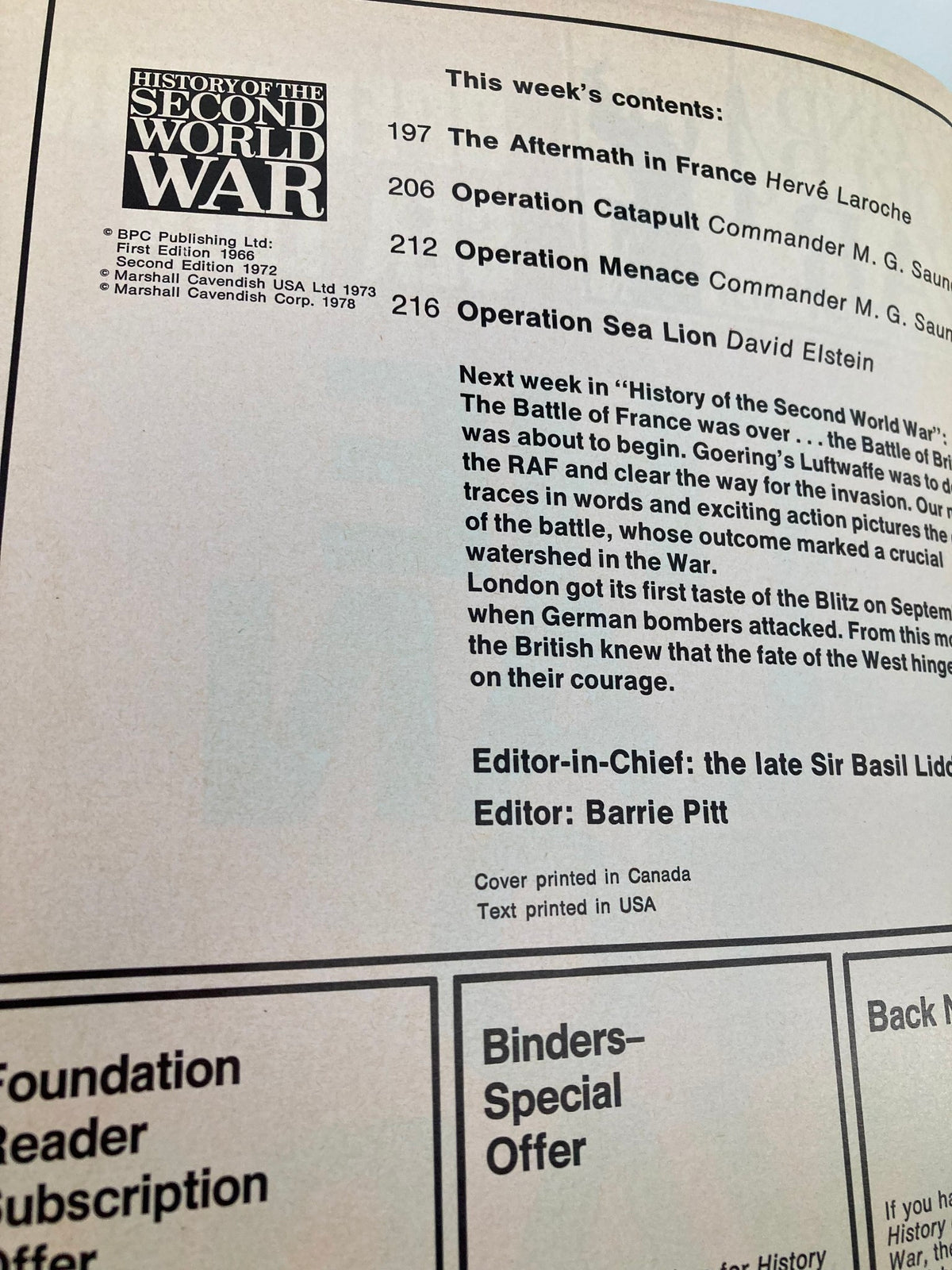 Contents page of 'VTG History of the Second World War Part 8 1978 - The Plan To Invade Britain'. Includes article titles and editorial information relevant to World War II.