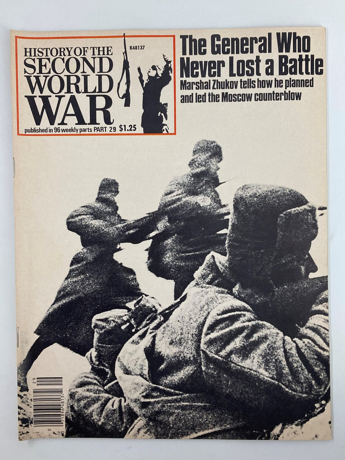 Cover of VTG History of the Second World War Part 29 1978 - The General Who Never Lost, featuring an image of soldiers in action and highlighting Marshal Zhukov's military strategies.