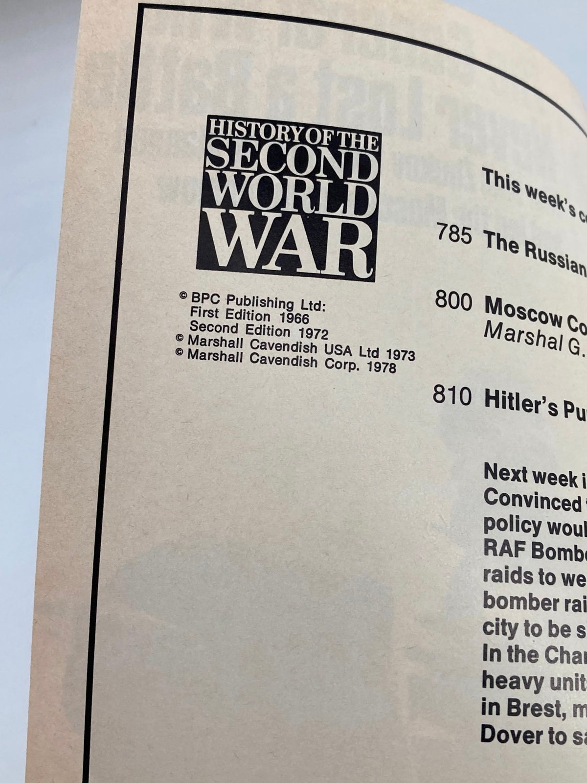 Inside view of VTG History of the Second World War Part 29 1978, featuring publication details and an index of articles including The Russian Campaign, Marshal G. Zhukov, and Hitler's Policies.