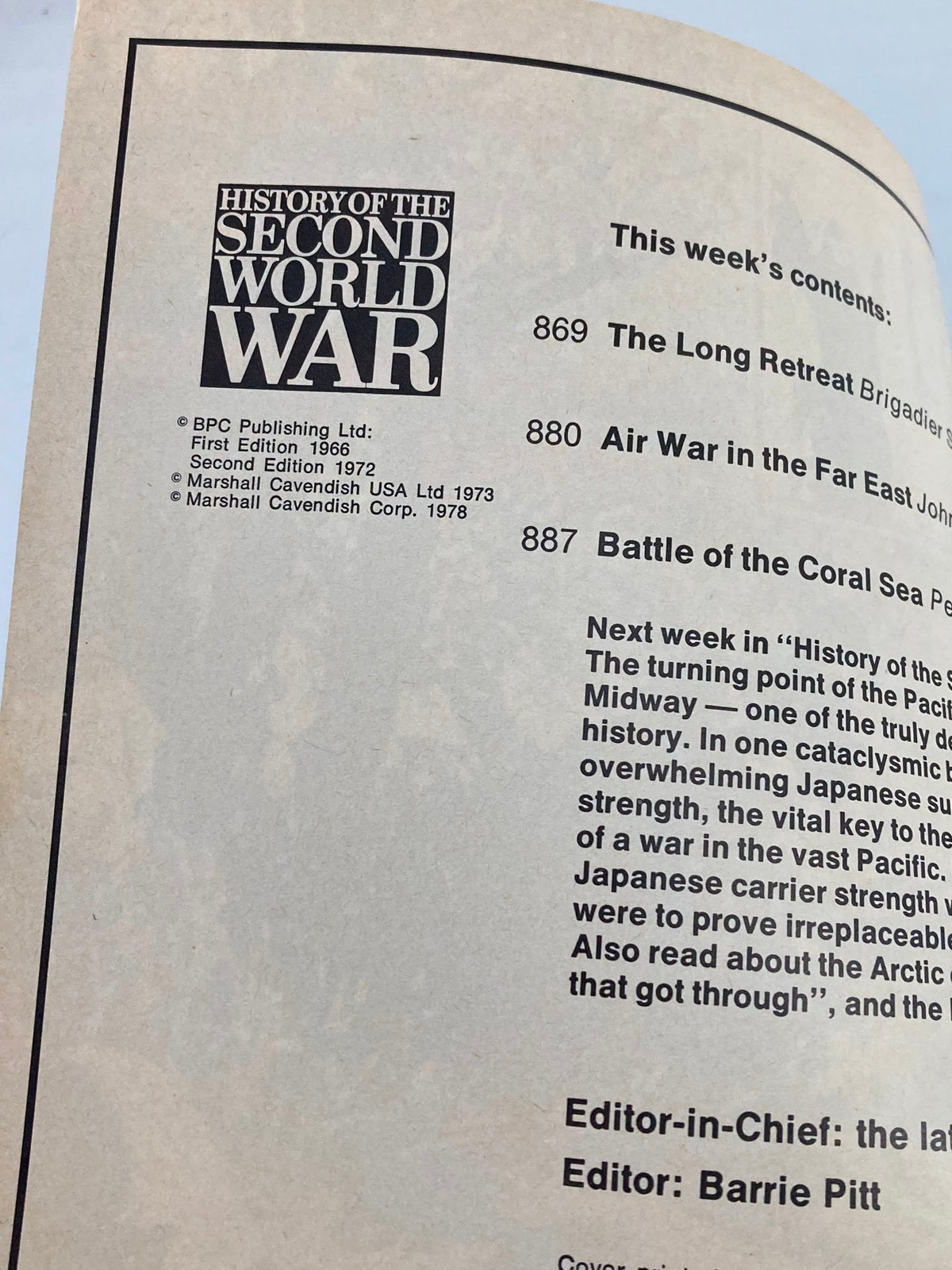 Interior page of 'VTG History of the Second World War Part 32 1978 - Burma Longest Retreat' detailing contents and features of the issue.
