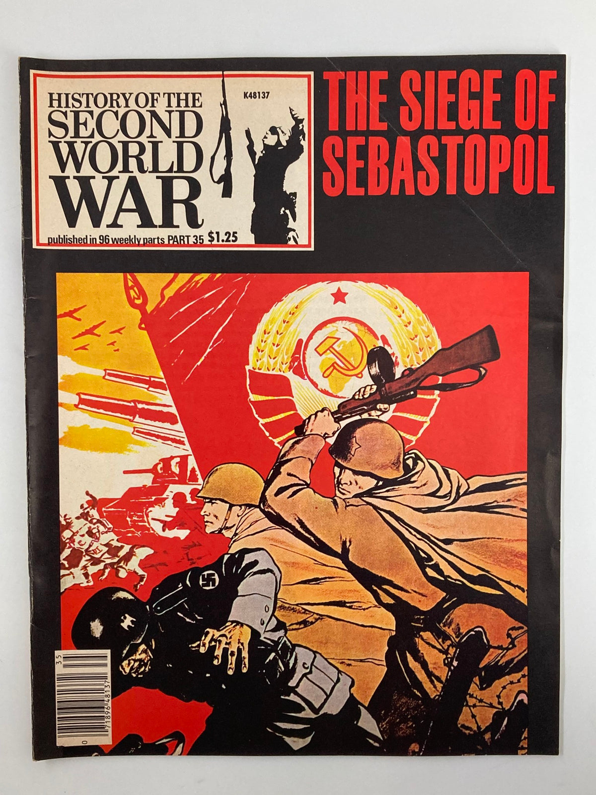 Cover of the vintage magazine 'History of the Second World War Part 35: The Siege of Sebastopol', featuring bold artwork and historical themes.